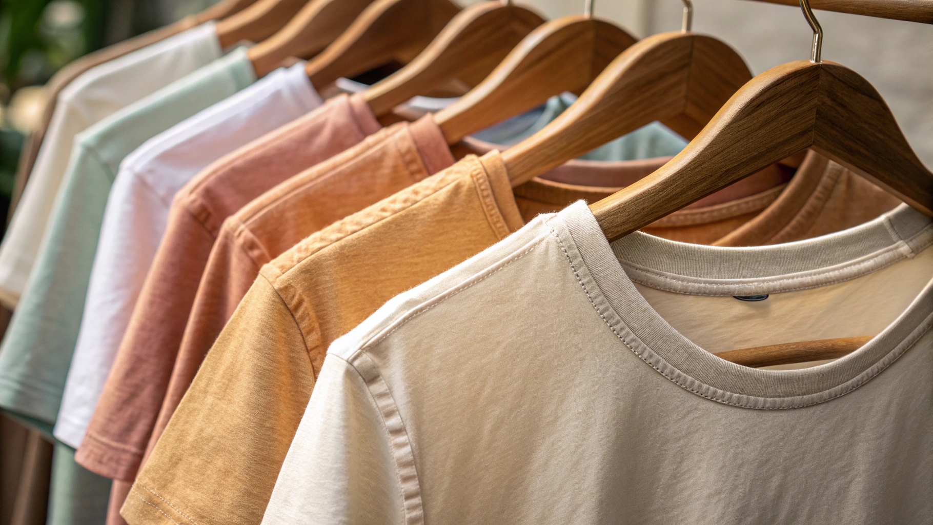 A close-up of custom T-shirts on display, featuring various fabric textures like light cotton, organic cotton, and cotton-polyester blends, showcasing GSM, durability, and sustainability, shot in natural light with a soft earth-tone color palette.