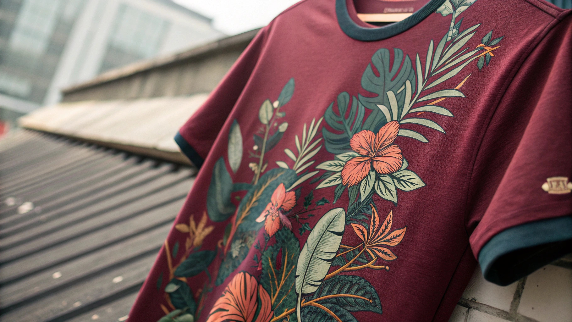 A close-up shot of a custom T-shirt made from high-quality cotton, featuring reinforced double stitching and a vibrant screen-printed design, highlighting the texture and clarity of the print.