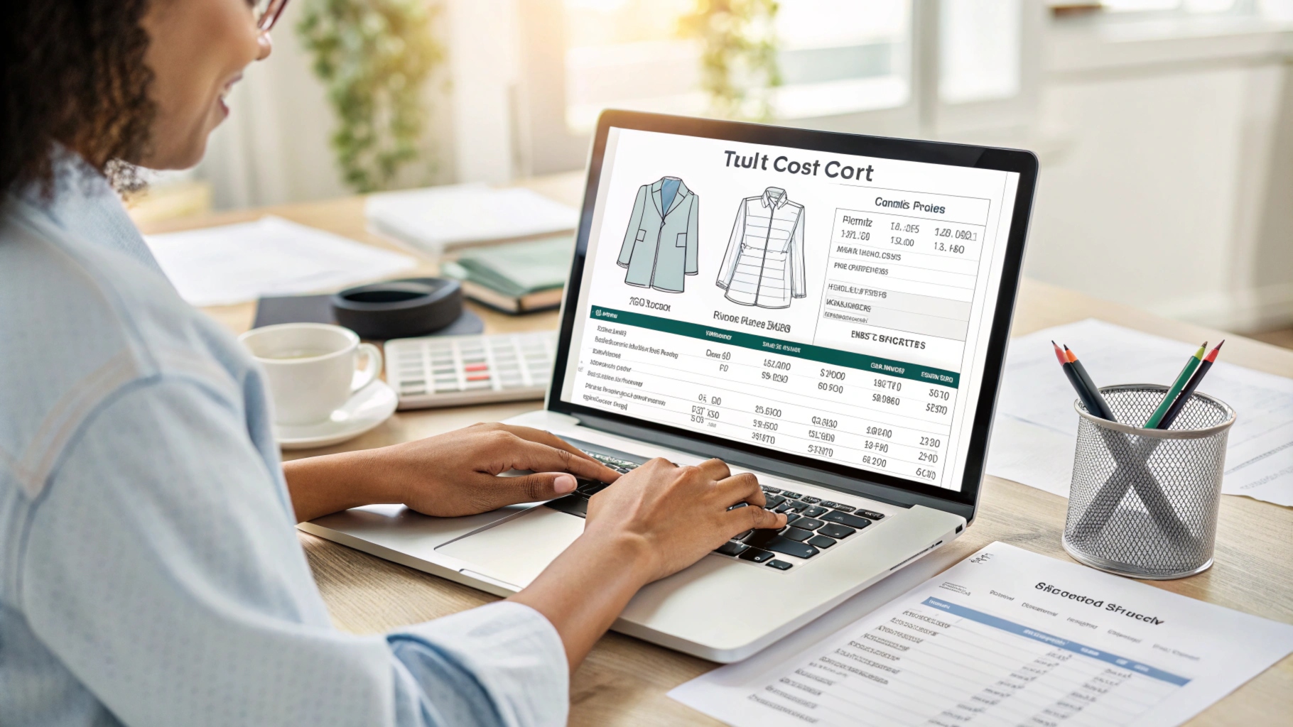 Close-up of a designer calculating custom clothing production costs, with a laptop showing material and manufacturing fees, shipping documents, and import/export details in a modern office.