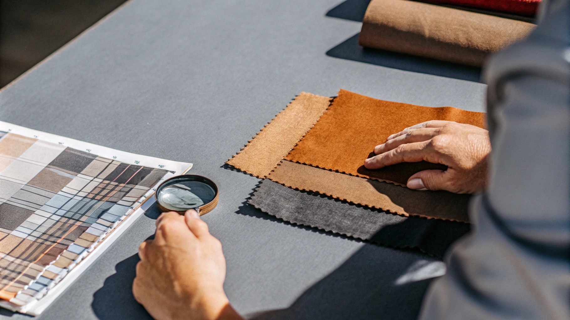 Designer inspecting a custom clothing sample, examining fabric quality, stitching, and design details, with material swatches, a magnifying glass, and a quality control checklist on the table.