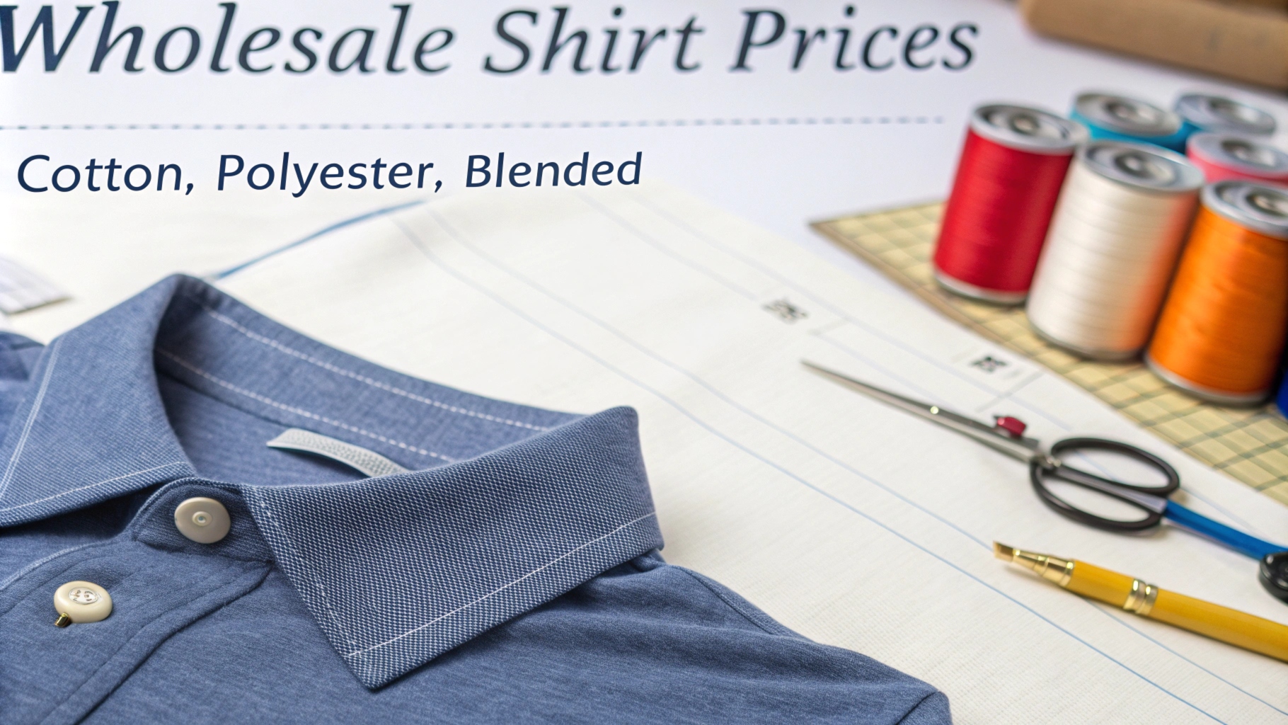 Detailed breakdown of wholesale shirt prices with plain and custom options, including cotton, polyester, and blends, alongside pricing for screen printing and embroidery on a clean workspace.