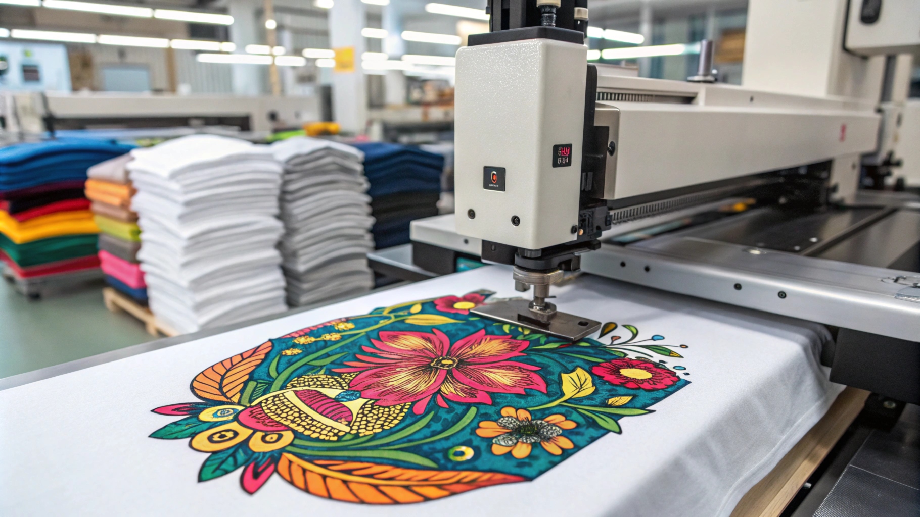 Close-up of a direct-to-garment (DTG) printer applying a vibrant, multi-colored design onto a T-shirt, set in a professional workshop with stacked finished shirts and equipment.