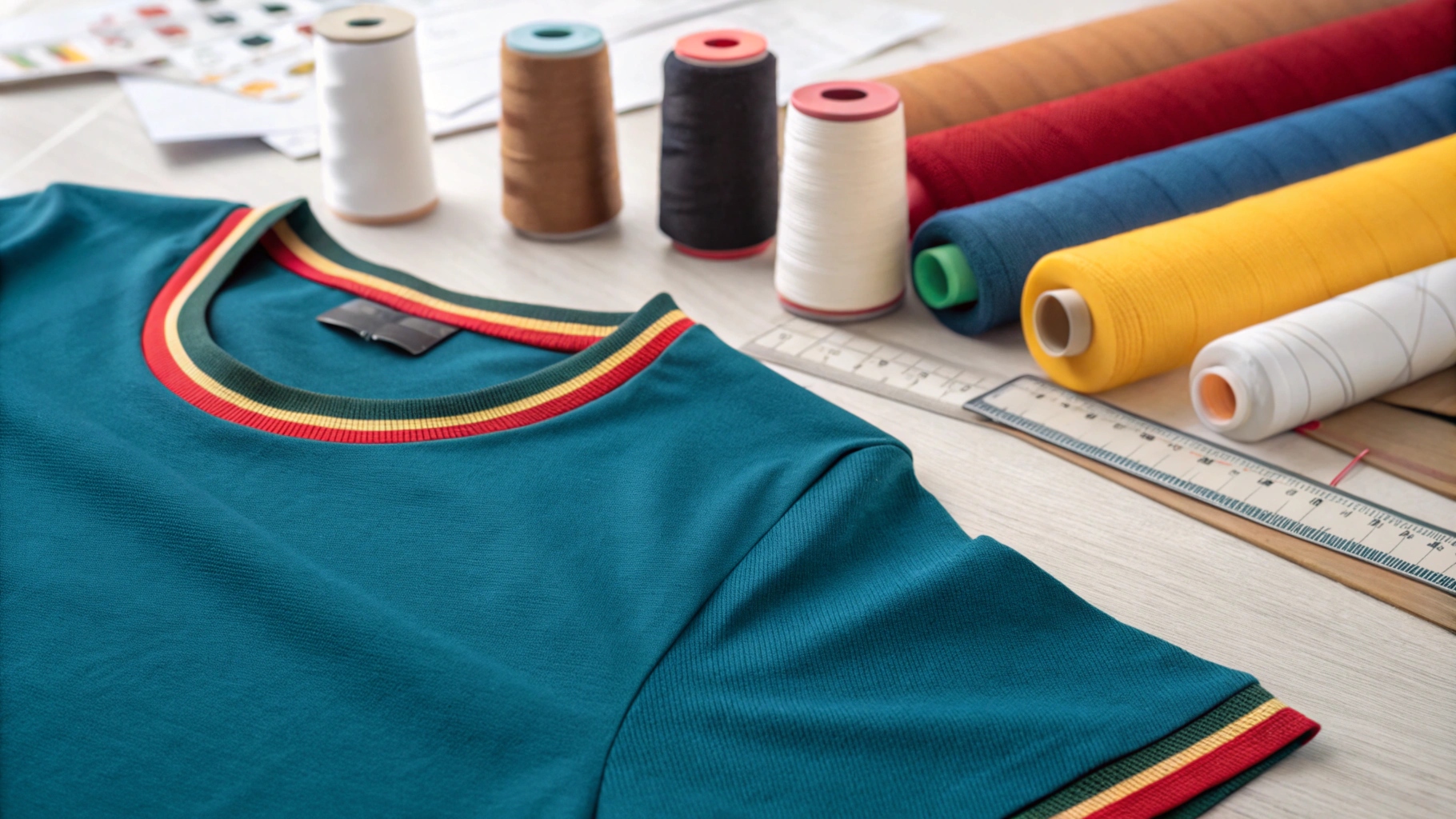 Close-up of a 100% cotton T-shirt with a smooth texture, fine weave, and vibrant, sharp design, surrounded by fabric samples, thread spools, and design templates.