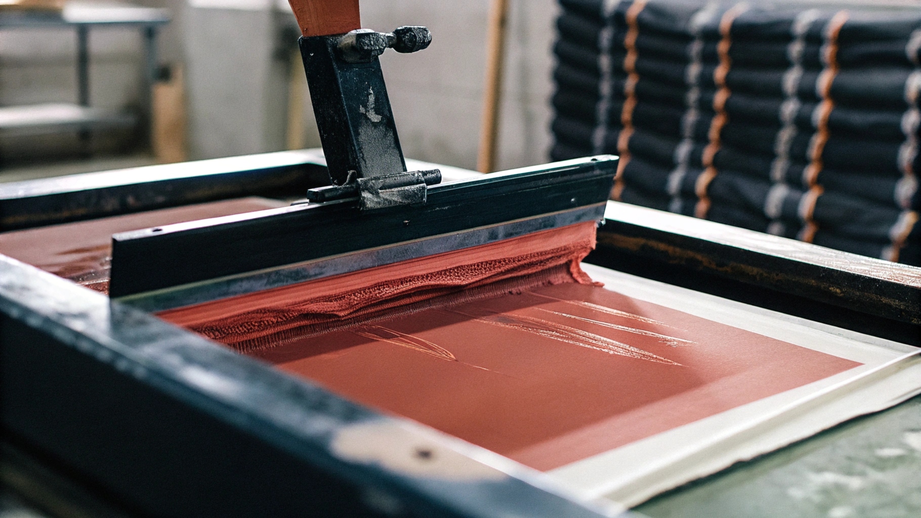 Close-up of a professional screen printing setup with a T-shirt design, ink spread with a squeegee, and vibrant colors curing on a press, set in a workshop with stacked T-shirts.