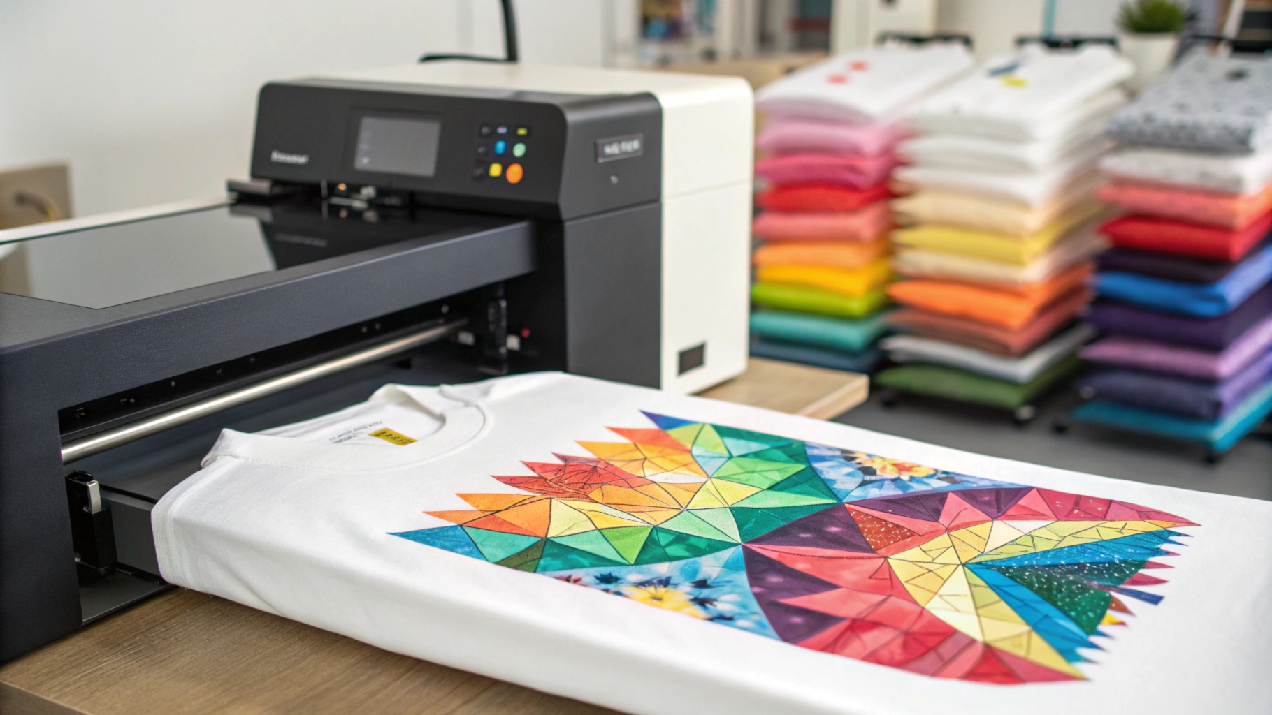 Close-up of a sublimation printer transferring a vibrant, full-coverage design onto a polyester T-shirt, with colorful samples and finished shirts in a well-organized workspace.