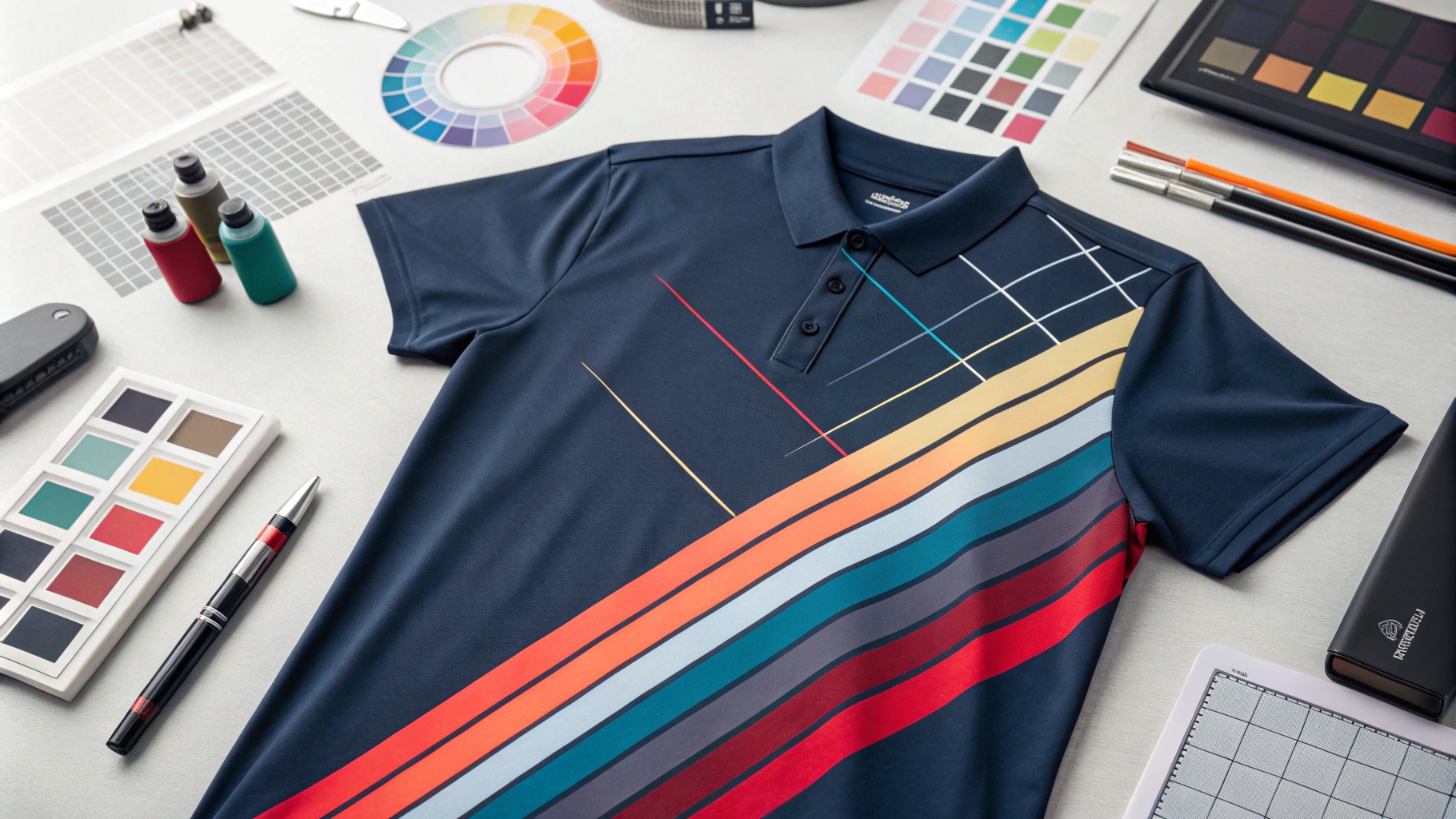 Close-up of a T-shirt with a high-quality design featuring sharp lines, vibrant colors, and flawless alignment, surrounded by color swatches, printing equipment, and design templates.