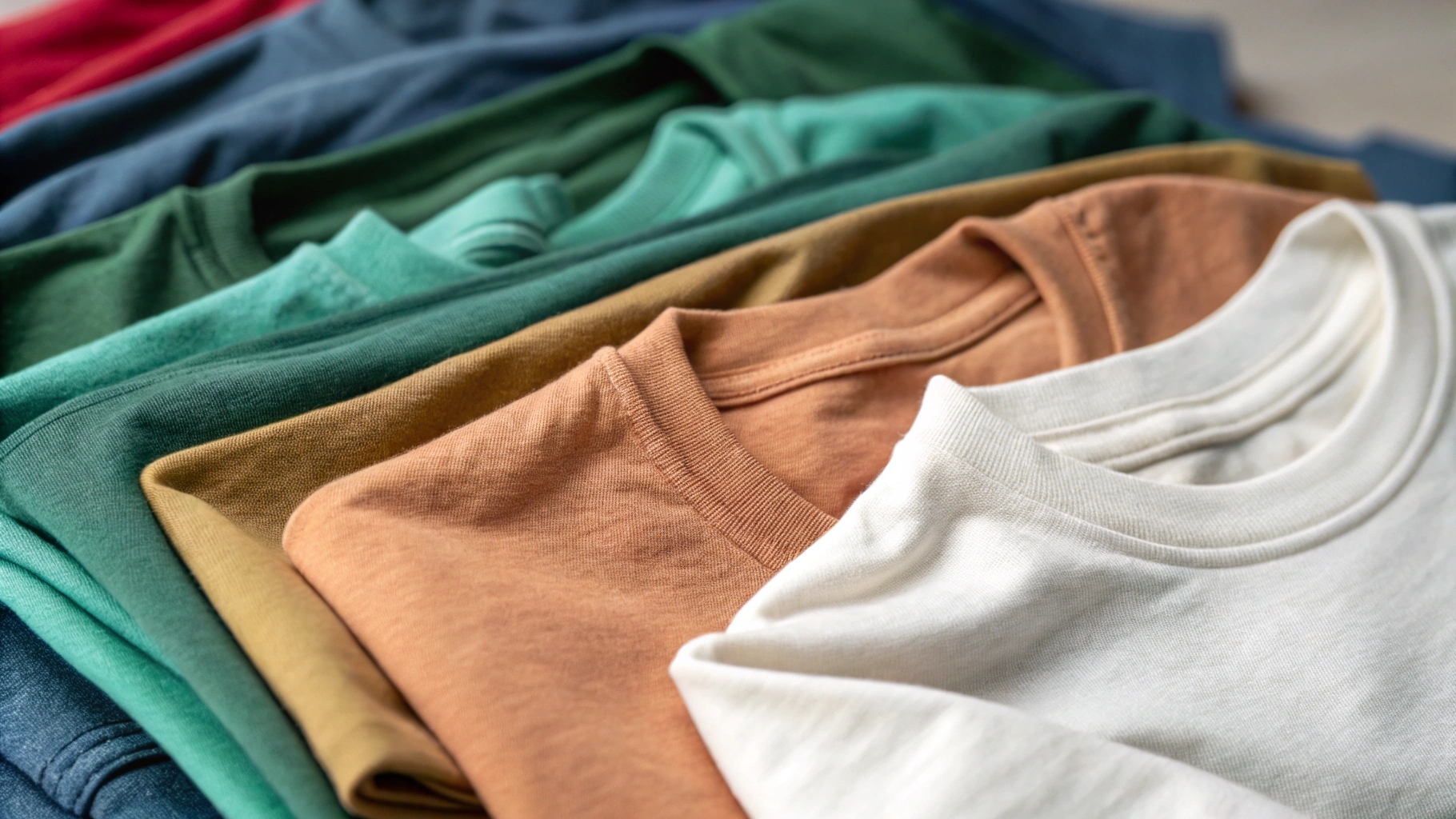 A close-up of custom t-shirts in various fabrics, highlighting soft cotton, eco-friendly materials, and vibrant textures, illuminated by natural light.