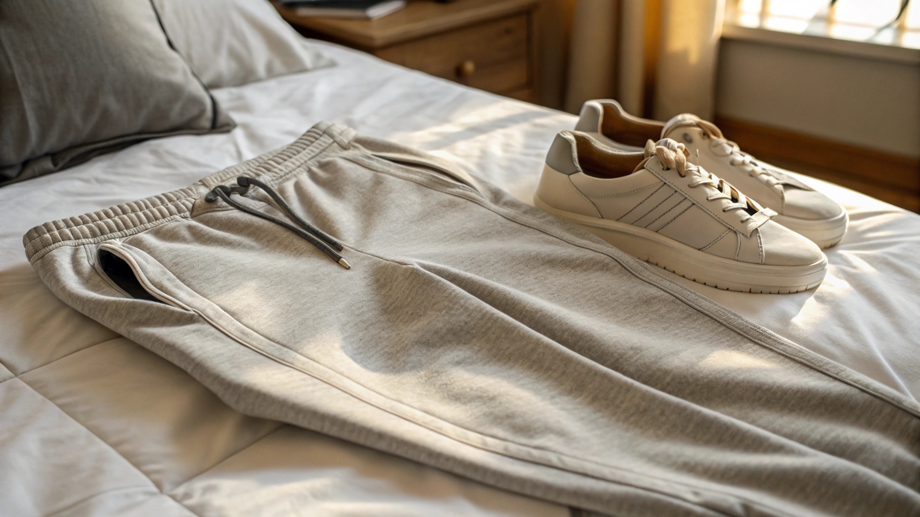 A close-up of breathable cotton sweatpants with subtle stitching and a minimalist sneaker, bathed in soft ambient light.