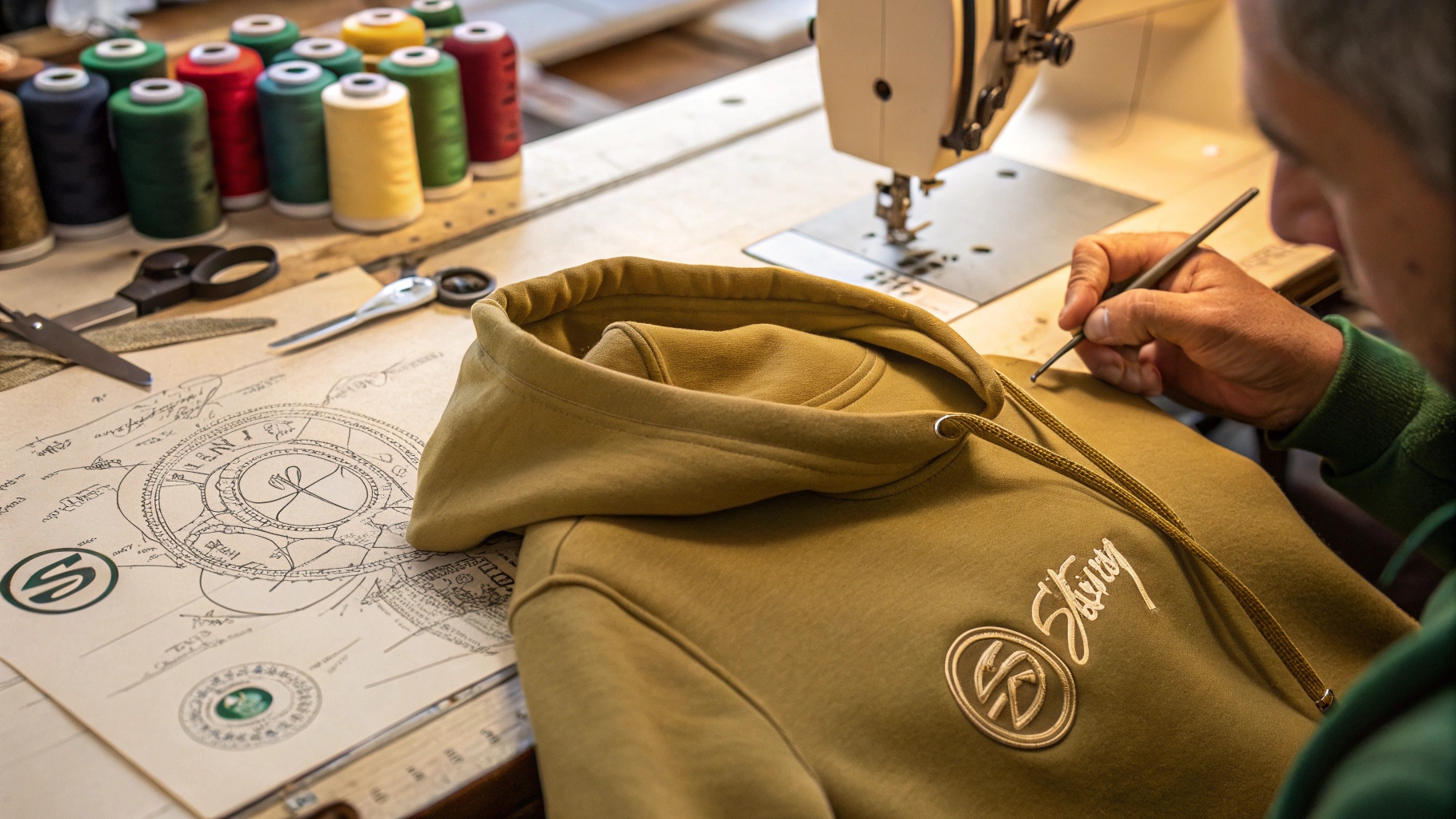 A detailed close-up of a craftsman sewing a premium Stussy hoodie in a boutique workshop, highlighting high-quality cotton fabric, intricate stitching, and eco-friendly dyeing techniques, with sewing tools and design sketches in the background.