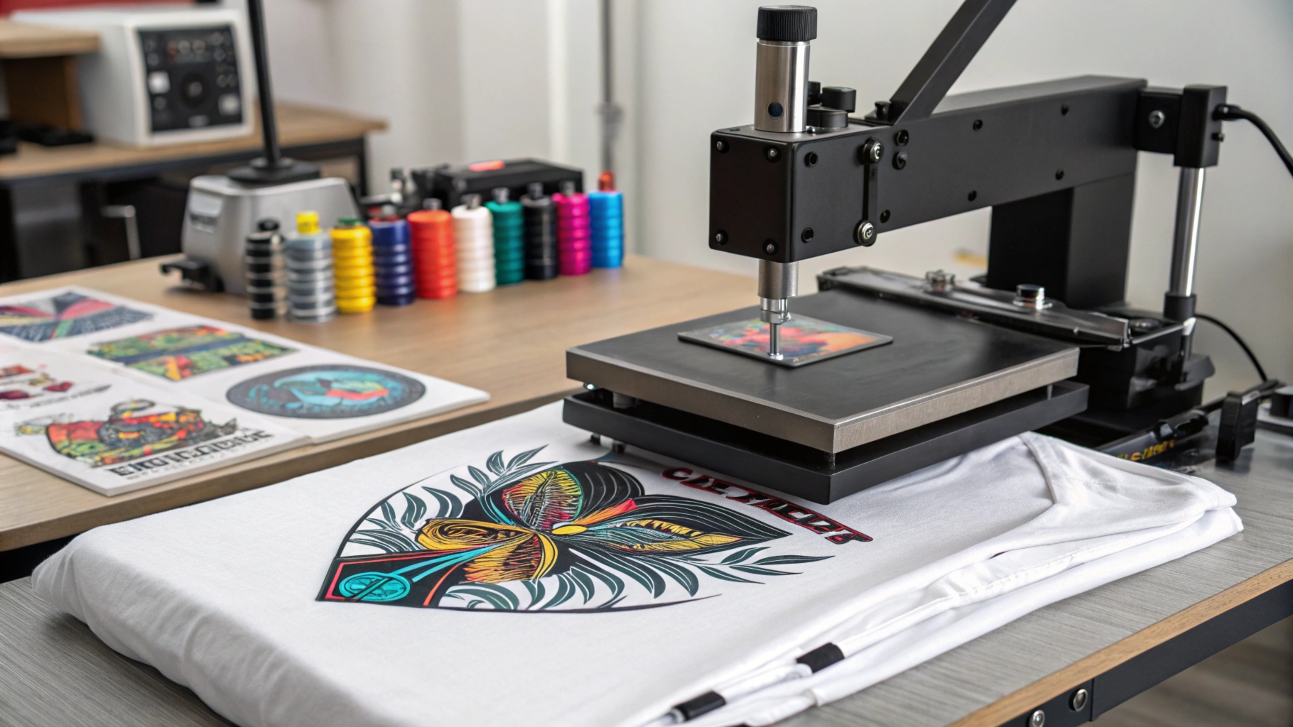  Close-up of a heat press machine applying a full-color design onto a T-shirt, with examples of vinyl and sublimation transfers in a professional workspace with organized tools.