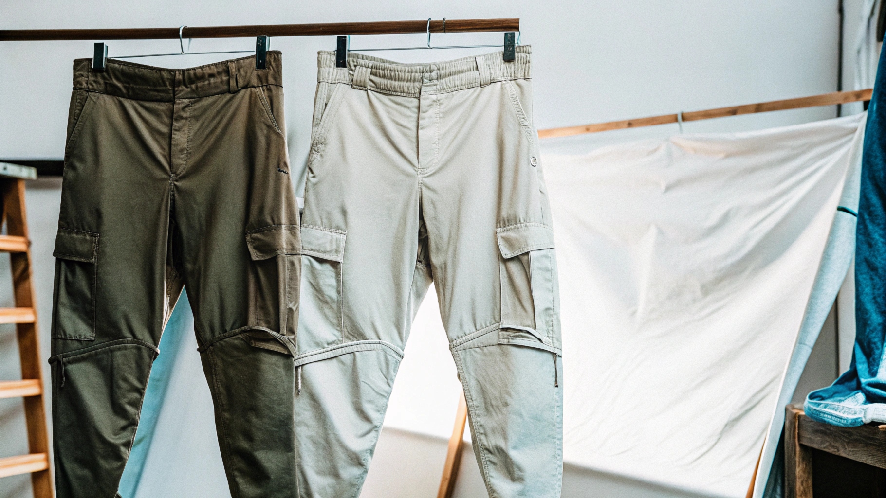 Close-up of cargo pants in organic cotton, recycled polyester, and high-performance tech fabric, showcasing eco-friendliness, durability, and functionality.