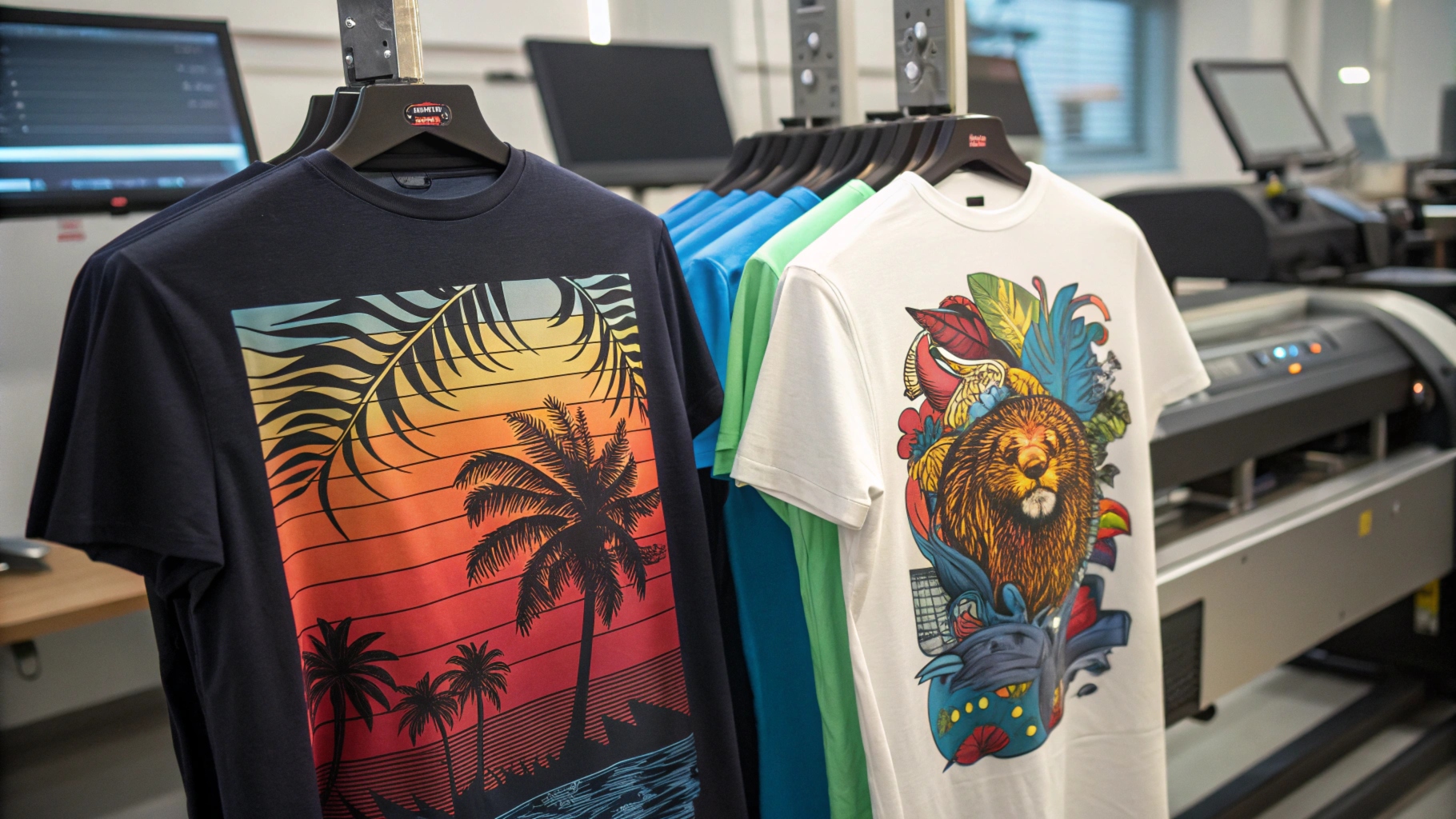 Three T-shirts showcasing different printing methods: a screen-printed design, a detailed DTG print, and a sublimation-printed full-color image, with printing equipment in the background.