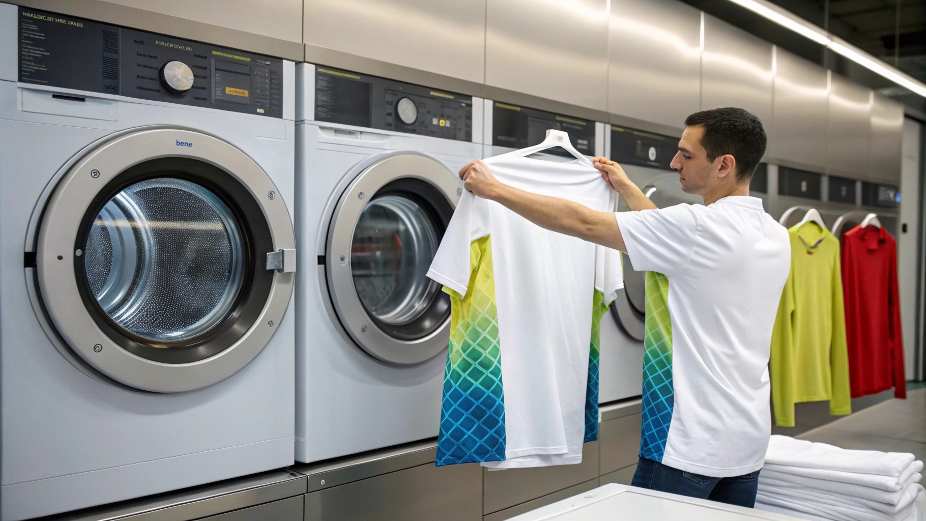 Three durability tests for a T-shirt design: wash test with a machine, fabric stretching for cracking, and light abrasion testing, set in a modern laundry and testing setup.