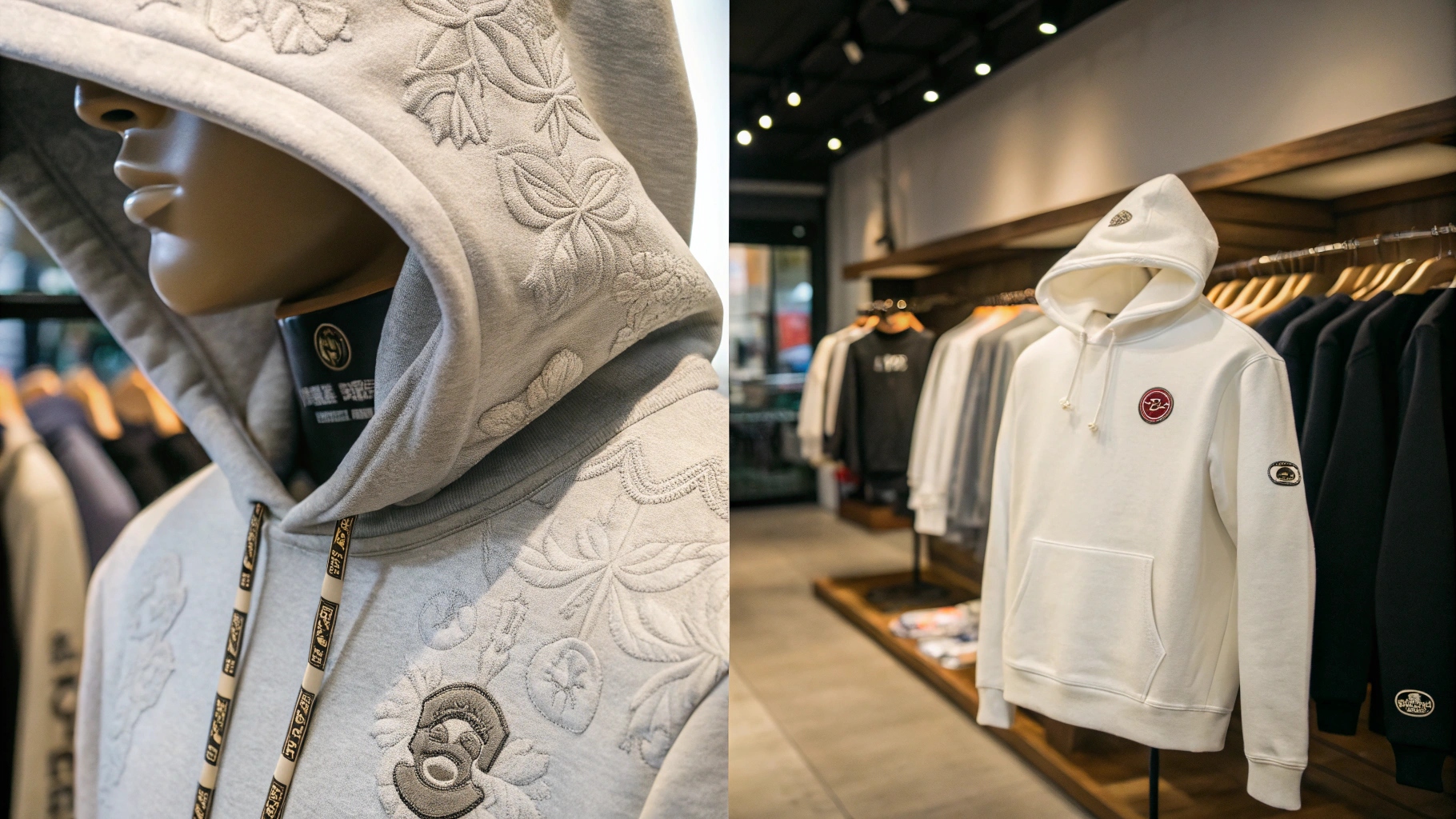 A split-screen close-up comparing BAPE and AAPE fabric quality—BAPE’s premium heavyweight cotton hoodie with intricate embroidery on the left, and AAPE’s standard cotton blend hoodie with simpler prints on the right, displayed in a high-end boutique vs. a casual retail store, highlighting differences in texture and brand perception.