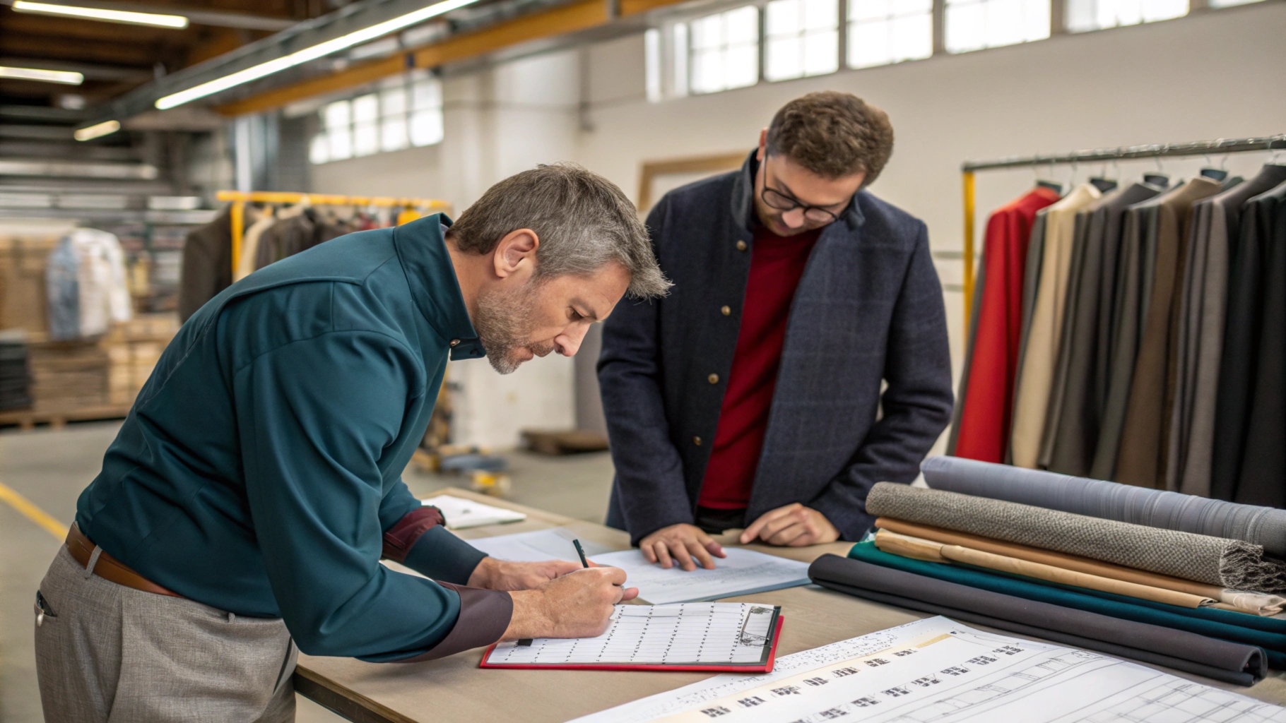 A designer and manufacturer’s representative reviewing a production schedule and product specifications, surrounded by fabric swatches, a quality checklist, and packed garments ready for shipment.