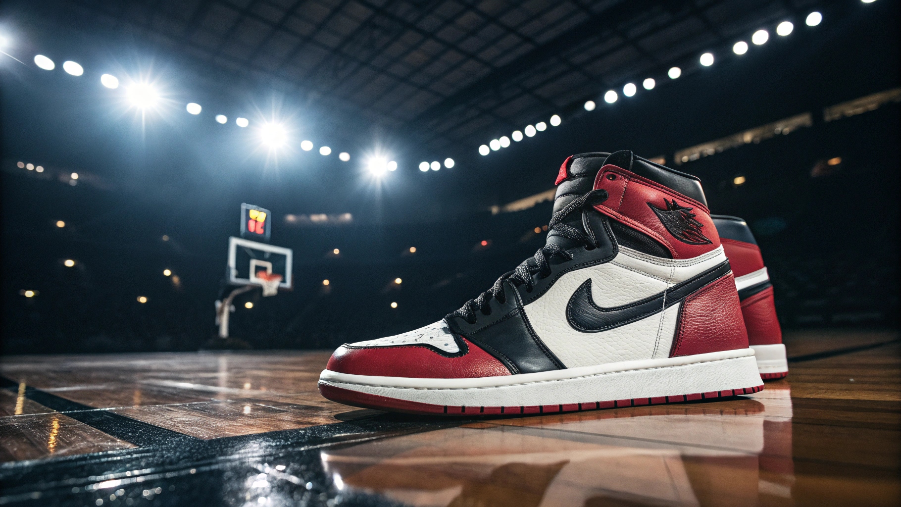 A dramatic close-up of the original Air Jordan 1 sneakers in red, black, and white, displayed under stadium lights on a polished basketball court, highlighting their iconic 1980s design with cinematic lighting and rich textures.