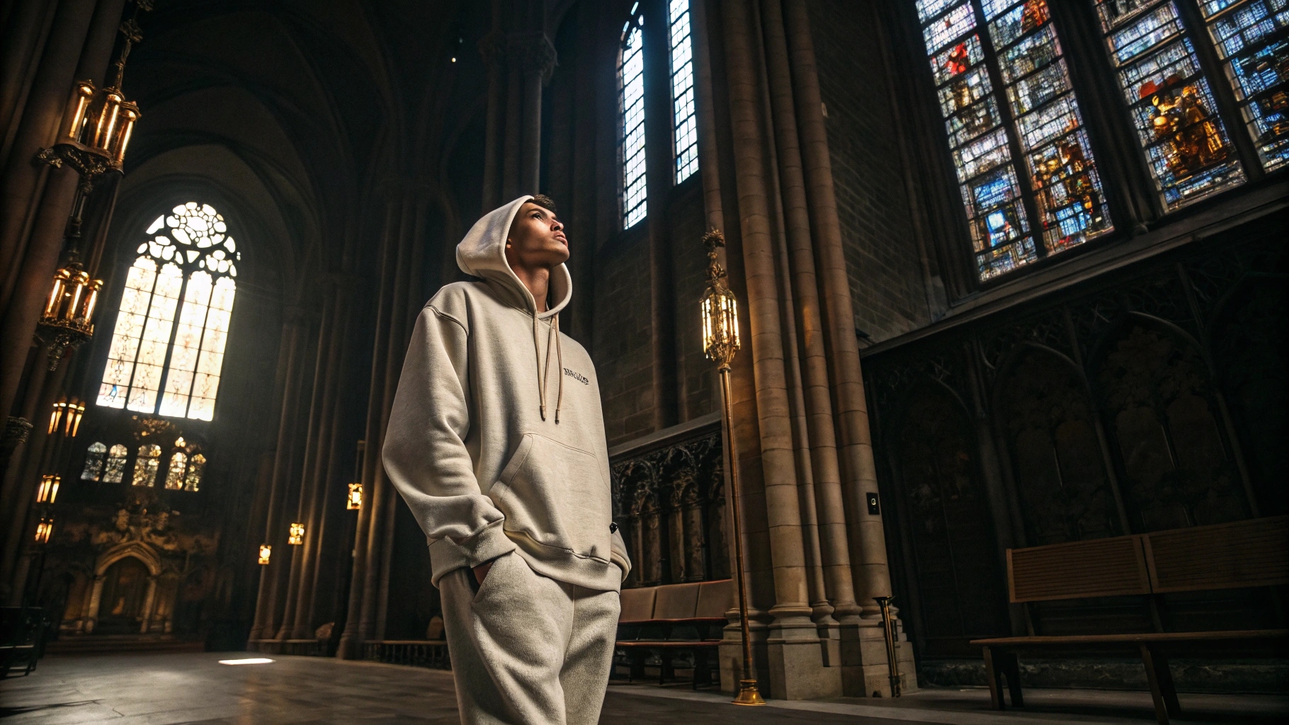 A model wearing Fear of God’s signature oversized hoodie and relaxed-fit trousers, standing in a cathedral-like setting with soft light filtering through stained-glass windows, evoking faith and timeless luxury.