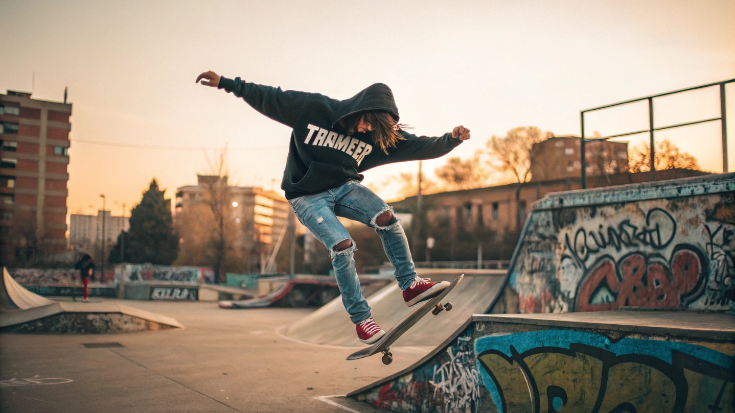 A skateboarder mid-trick at an urban skate park, wearing a Thrasher hoodie and distressed denim