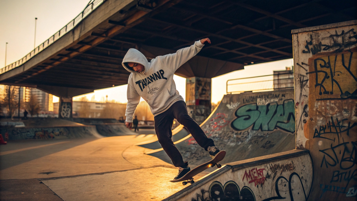 A skateboarder mid-trick in an urban skatepark, wearing a Thrasher hoodie, surrounded by graffiti-covered ramps and gritty textures, with golden-hour lighting casting long shadows.