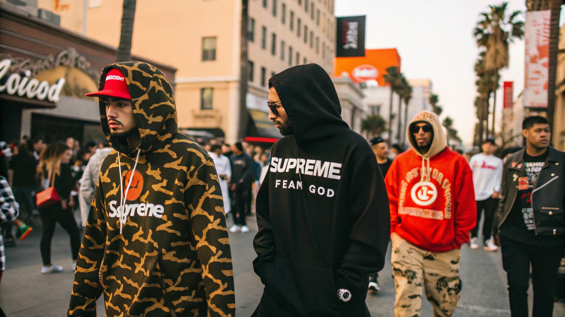 A dynamic street scene featuring individuals in Supreme, Off-White, BAPE, Fear of God, and Palm Angels streetwear, showcasing bold logos, oversized hoodies, and unique patterns like BAPE’s camo, set in a vibrant urban environment, emphasizing individuality and relaxed California vibes.