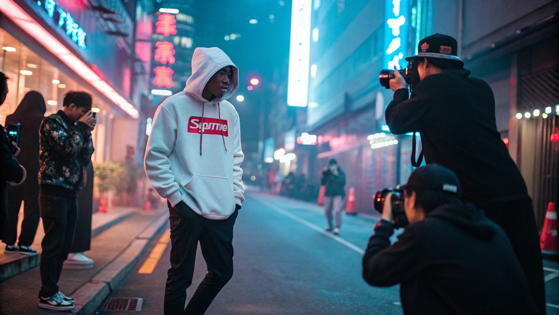 A streetwear collection featuring limited edition drops and collaborations with Louis Vuitton, Oreo, and Everlast, showcased in a high-fashion urban setting under bright neon lights at night.