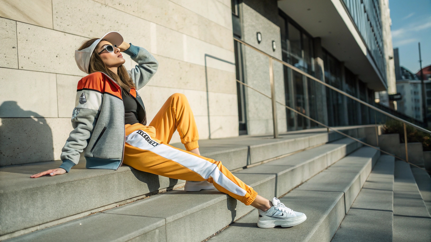 A fashionable streetwear look featuring comfortable sweatpants and athleisure elements, shot in a relaxed urban setting with natural daylight.