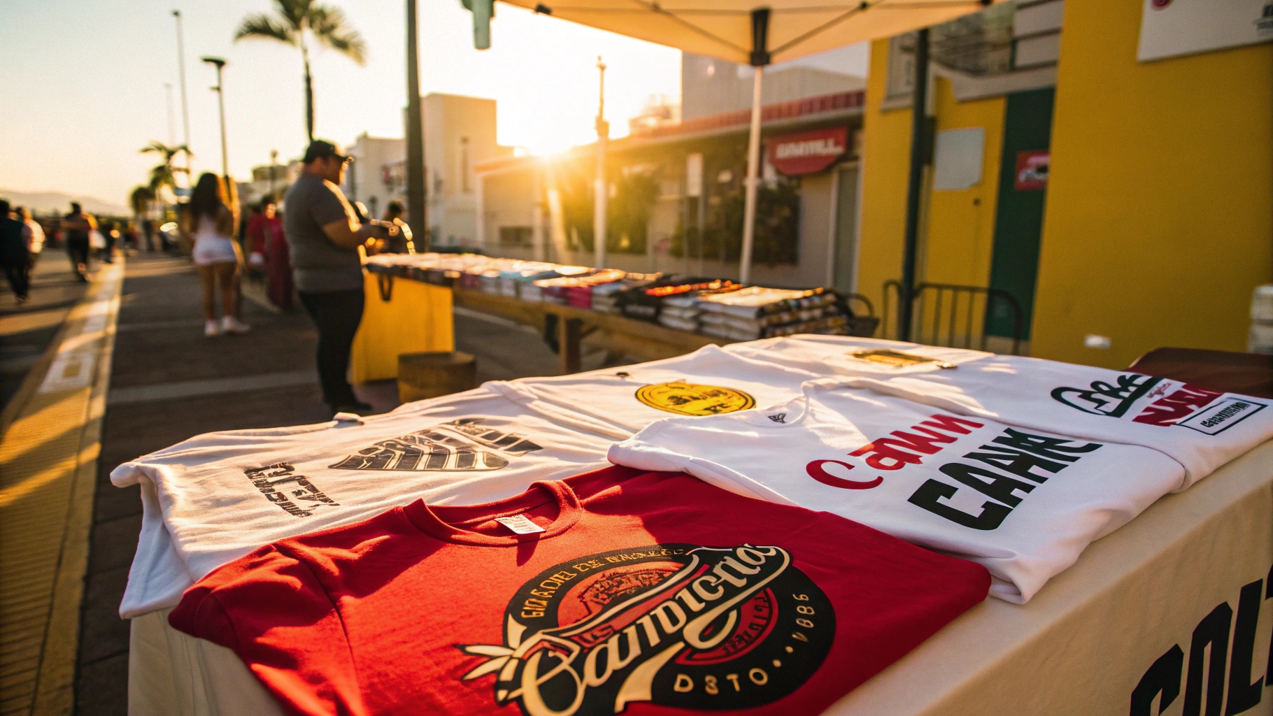 A vibrant flat lay of custom t-shirts with bold logos and graphic designs, illuminated by sunlight, showcasing branding elements in an urban setting.