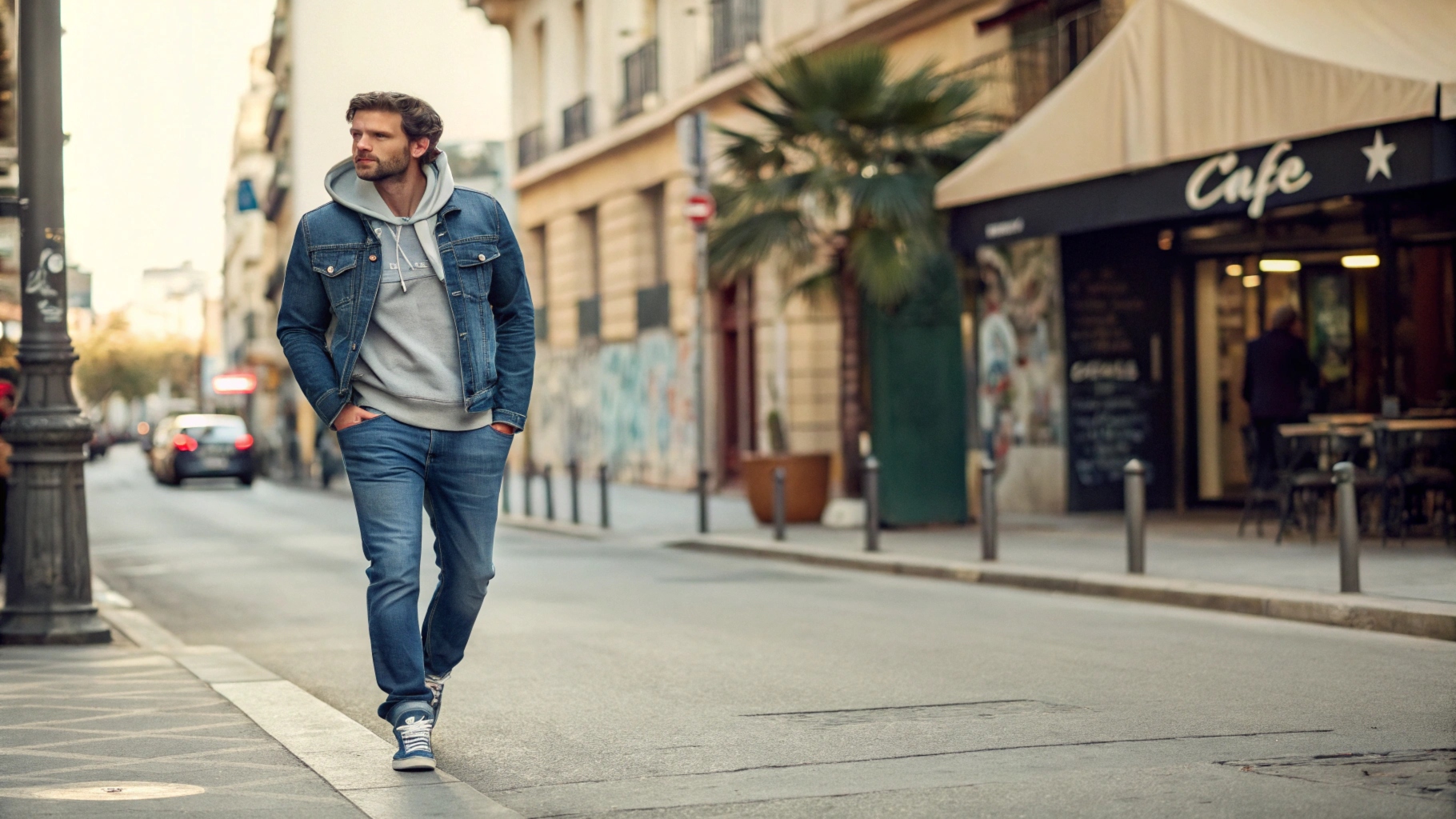 A man wearing a denim jacket over a hoodie, casual jeans, and sneakers, walking confidently down a busy city street with urban elements in the background.