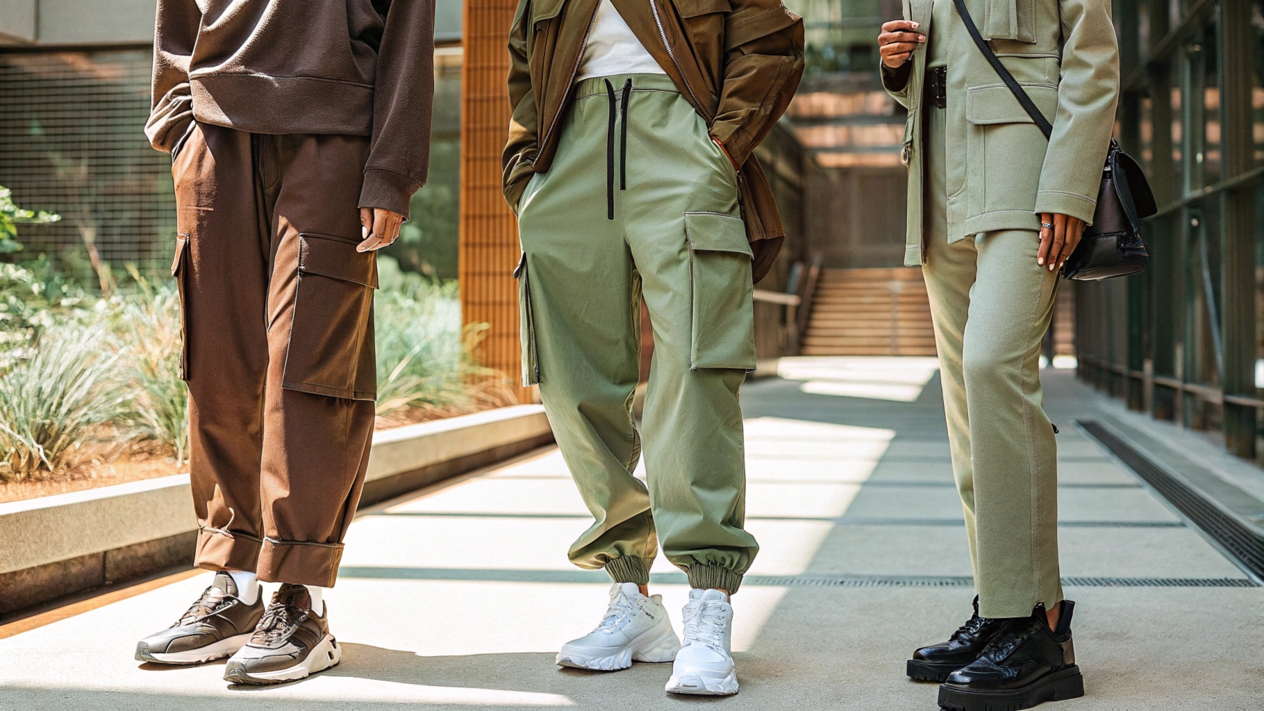 Futuristic 2025 cargo pants trends: oversized streetwear with hoodies, slim-fit semi-formal styles, and tech-inspired designs with zippers and waterproofing.