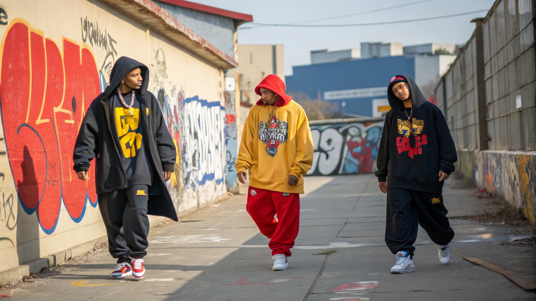 A group of hip-hop artists in 1990s streetwear, featuring oversized hoodies, graphic tees, and baggy pants, strolling through an urban setting with graffiti walls, showcasing rebellious youth culture with bold colors and logos under bright natural light.