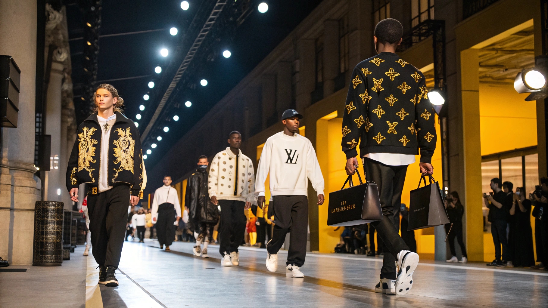 A group of individuals showcasing streetwear collaborations with luxury brands like Louis Vuitton and Off-White, walking the runway at a Fashion Week event, blending urban street style with high-fashion sophistication, in a sleek venue under bright spotlighting.