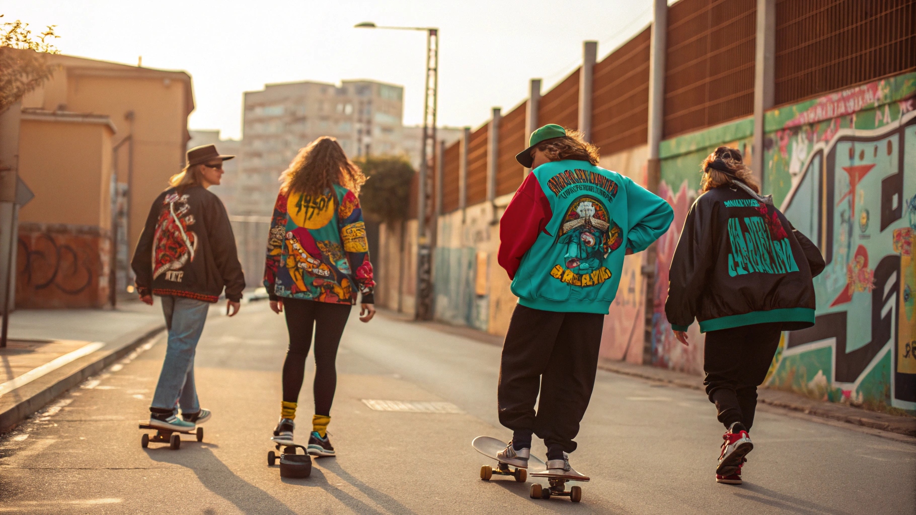 A group of skateboarders in vintage 1980s streetwear, including bold graphic tees and oversized jackets, riding through a sunlit urban street with graffiti-covered walls, capturing the rebellious energy of skateboarding culture in vibrant, retro tones.