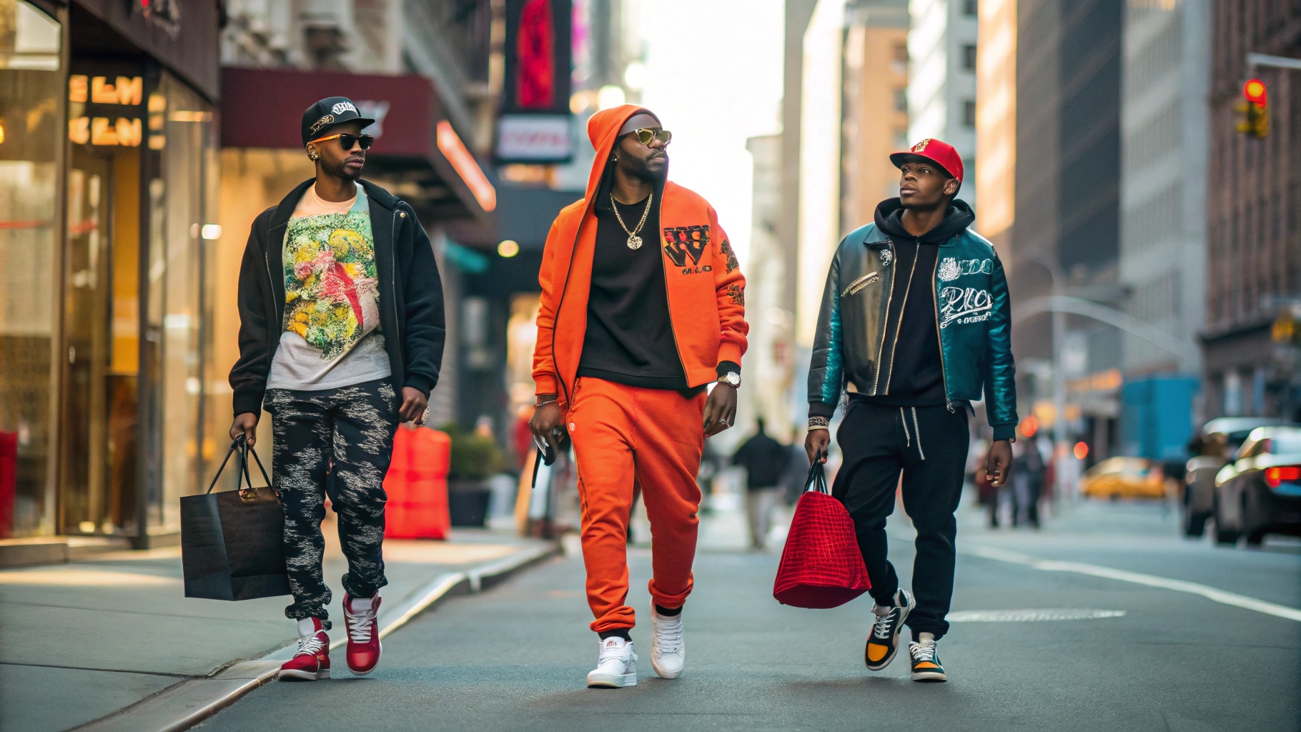 Three men with distinct streetwear outfits walk confidently through a vibrant city street, showcasing styles from graphic tees and oversized hoodies to high-fashion jackets and bold accessories, with designer sneakers and statement caps.