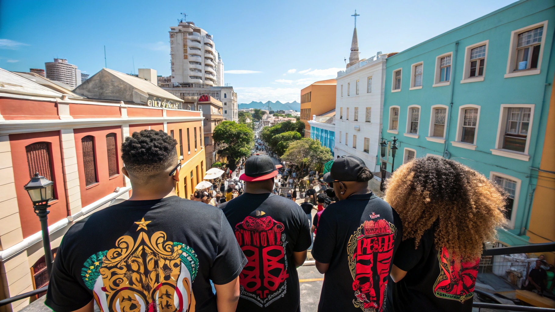 A high-angle shot of a diverse group of people in stylish custom t-shirts, exuding unity in a vibrant urban setting under bright daylight.