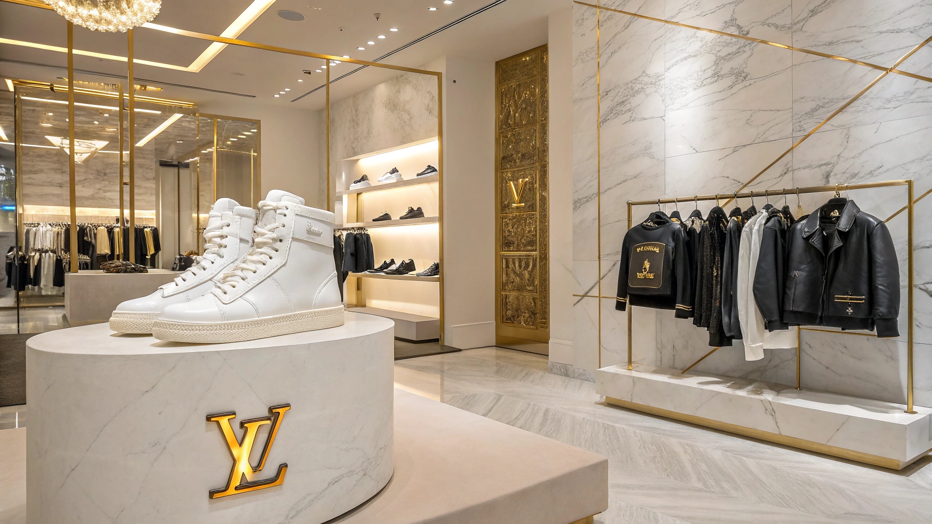 A high-end fashion boutique in Paris showcasing an Off-White x Louis Vuitton collaboration, featuring luxury sneakers with industrial details, premium leather jackets, and signature zip-tie accessories, with stylish shoppers browsing in an elegant marble interior under golden accent lighting.