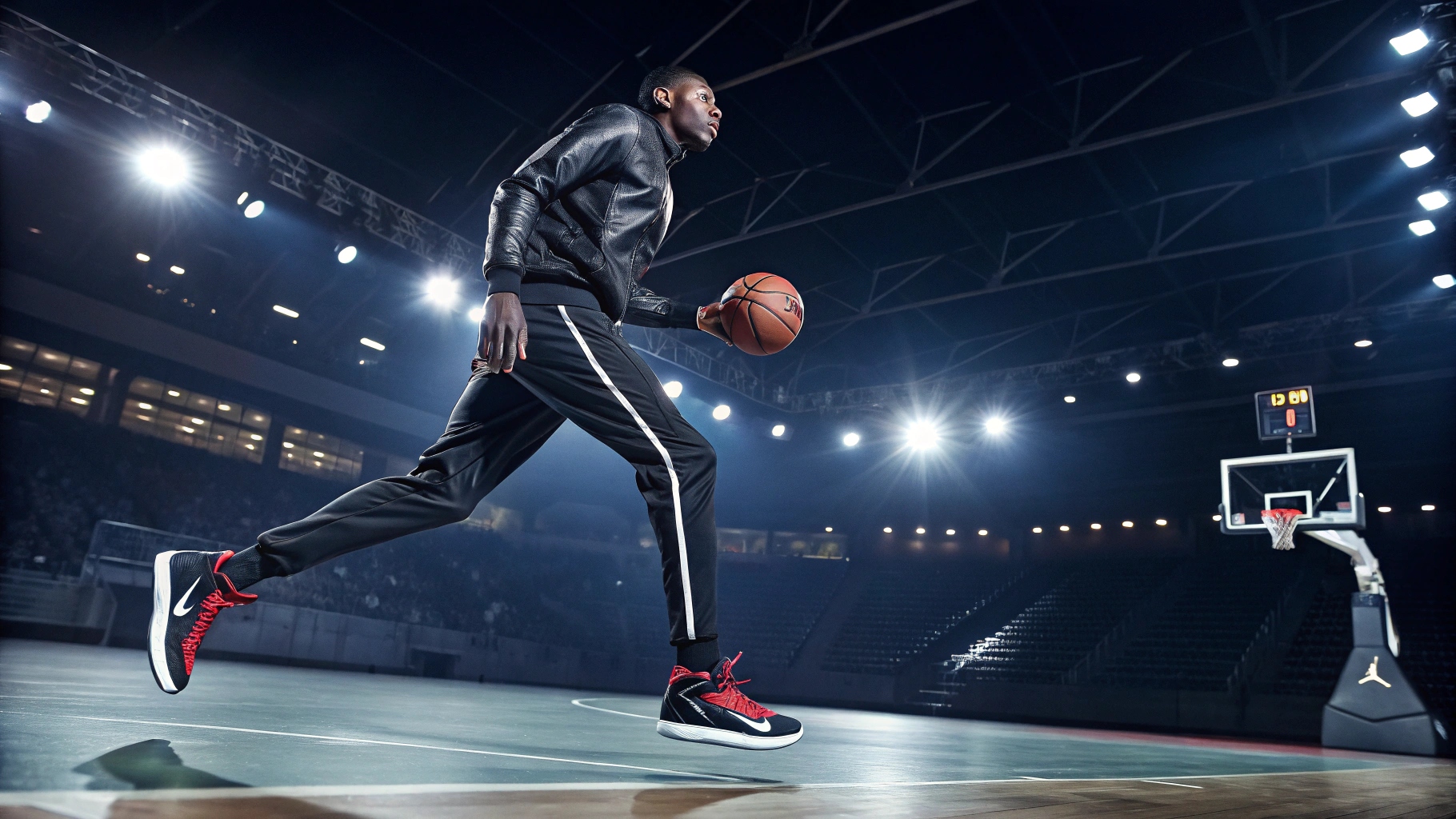  A model wearing the latest Air Jordan sneakers and a sleek Jordan Brand tracksuit, captured mid-motion on a dynamic basketball court under stadium lights, emphasizing speed, power, and style.