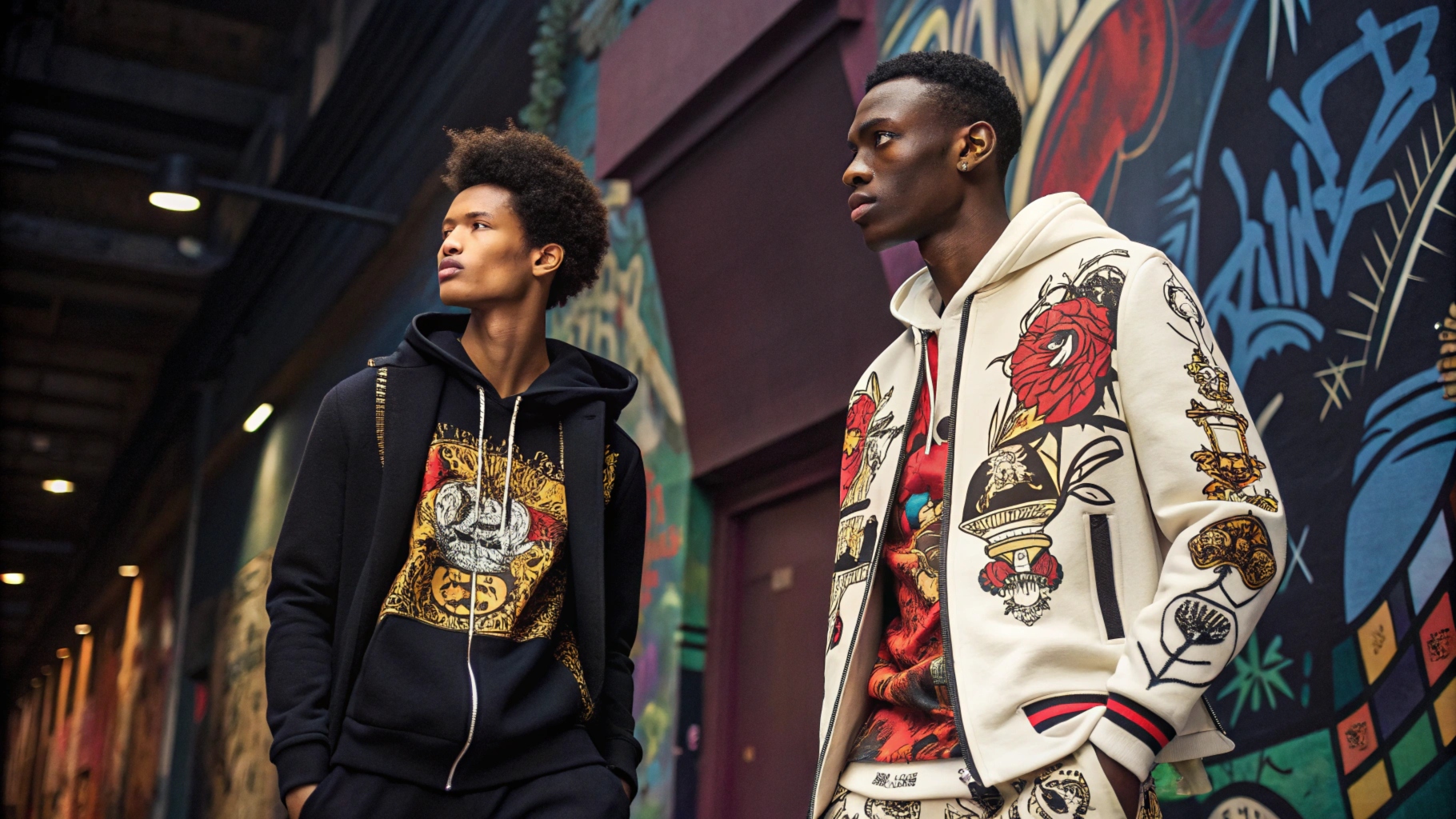 Models showcasing a high-energy streetwear collaboration with bold graphics and luxury tailoring, set against a graffiti-filled urban backdrop.