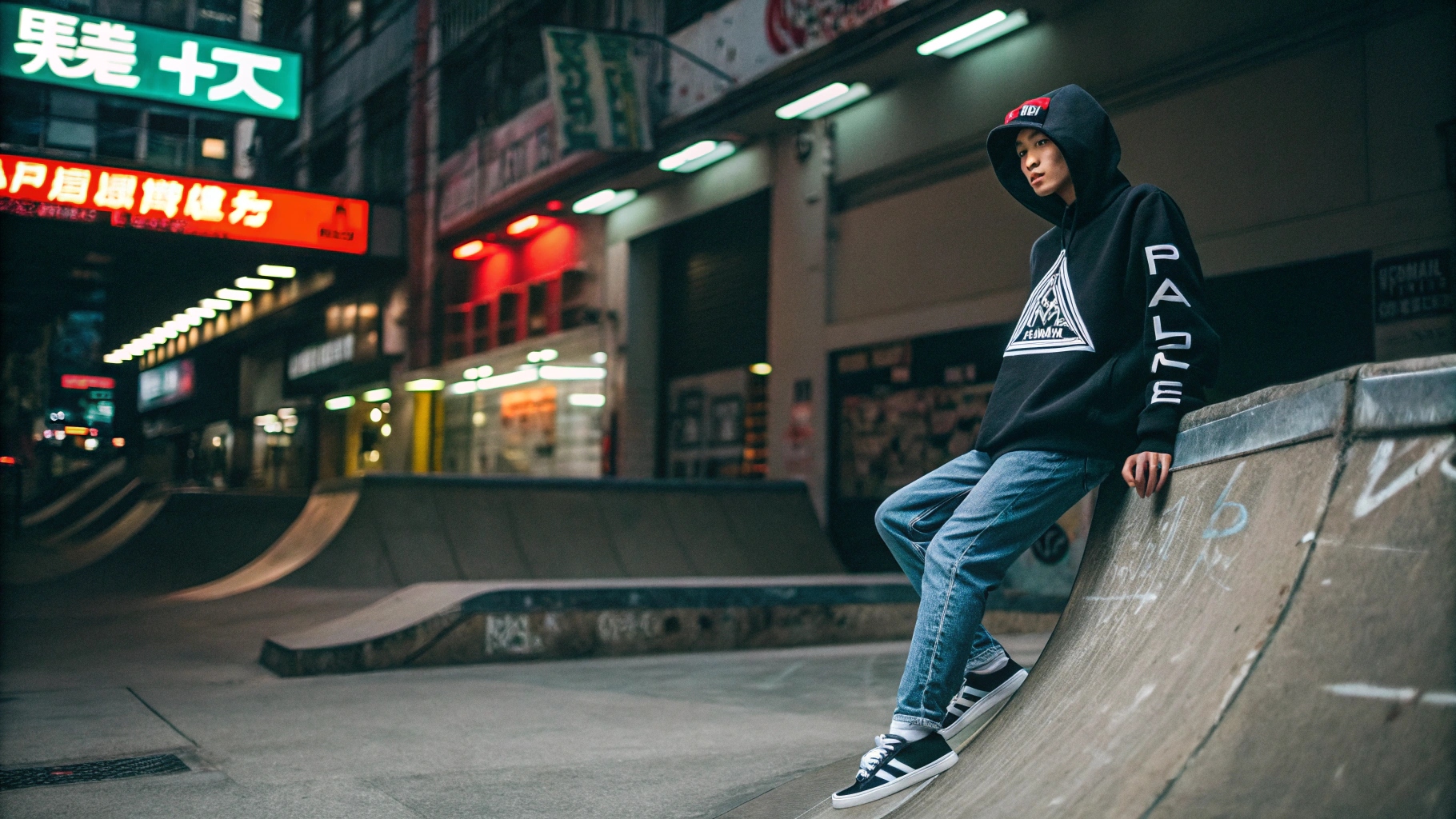 A model wearing a Palace Skateboards hoodie with the Tri-Ferg logo, loose-fit jeans, and sneakers, posing in an urban setting with neon signs and skate ramps, captured with a dynamic angle and moody lighting.