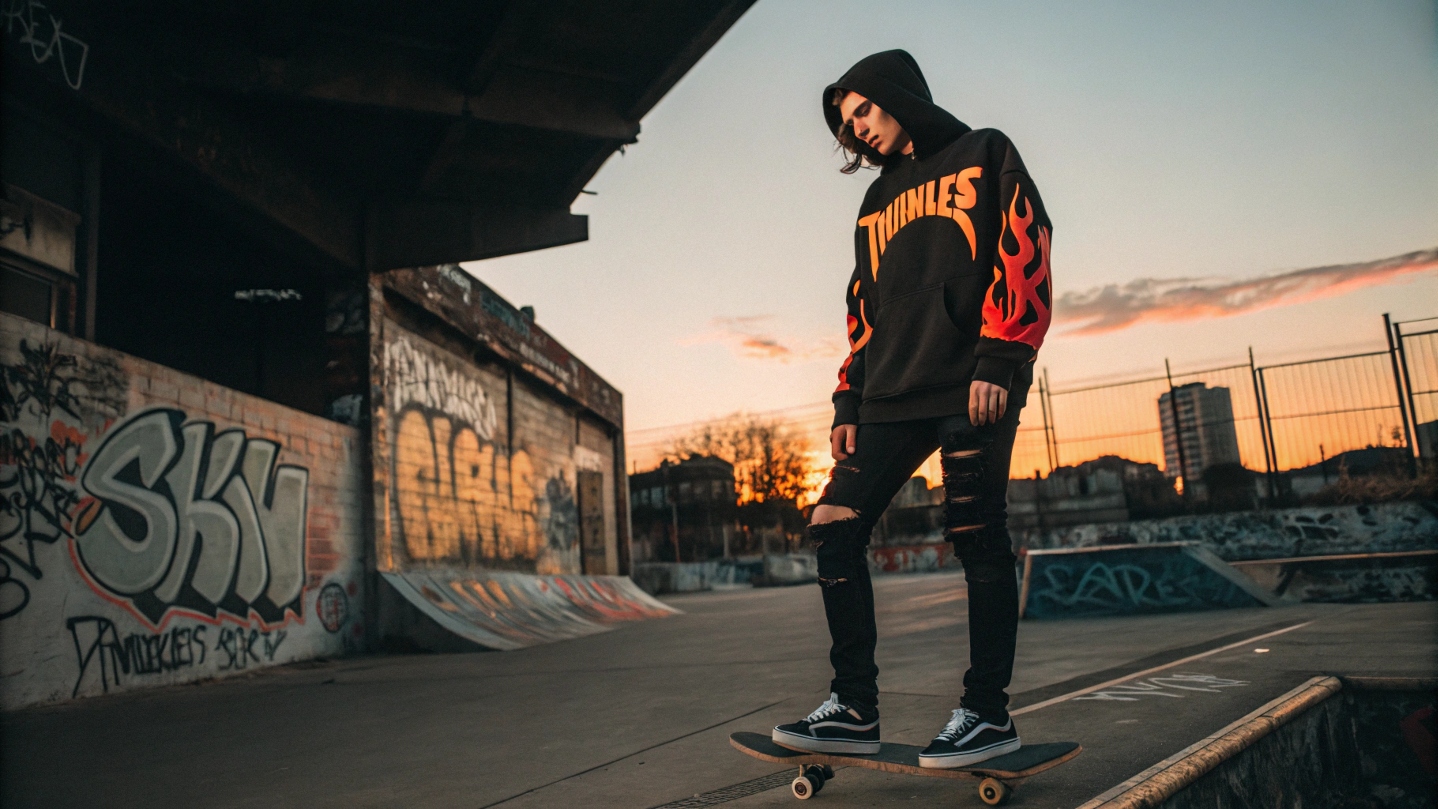 A model in a custom Thrasher-inspired hoodie with bold flame graphics, distressed black jeans, and skate shoes, standing on a skateboard in a graffiti-covered skatepark at sunset.