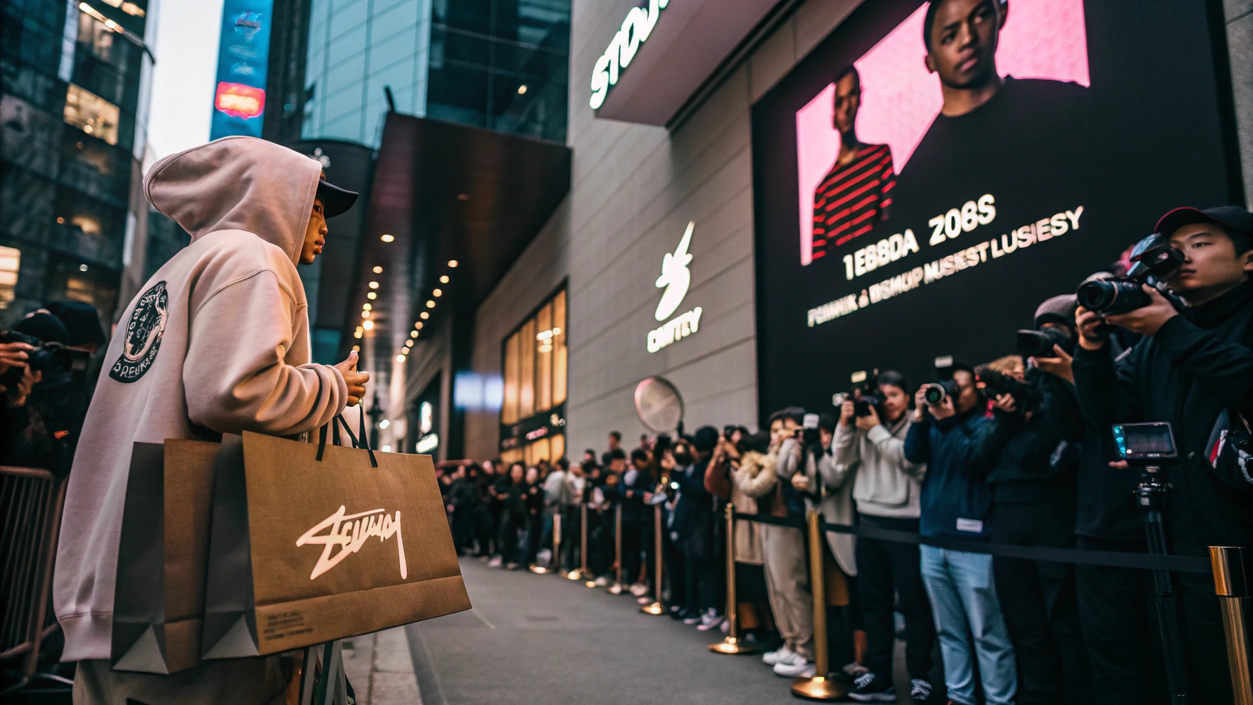 A high-energy streetwear pop-up event with crowds lining up outside a Stussy store for a limited drop, featuring exclusive shopping bags, a digital billboard collaboration, and a celebrity in a rare Stussy hoodie, capturing the hype and exclusivity.