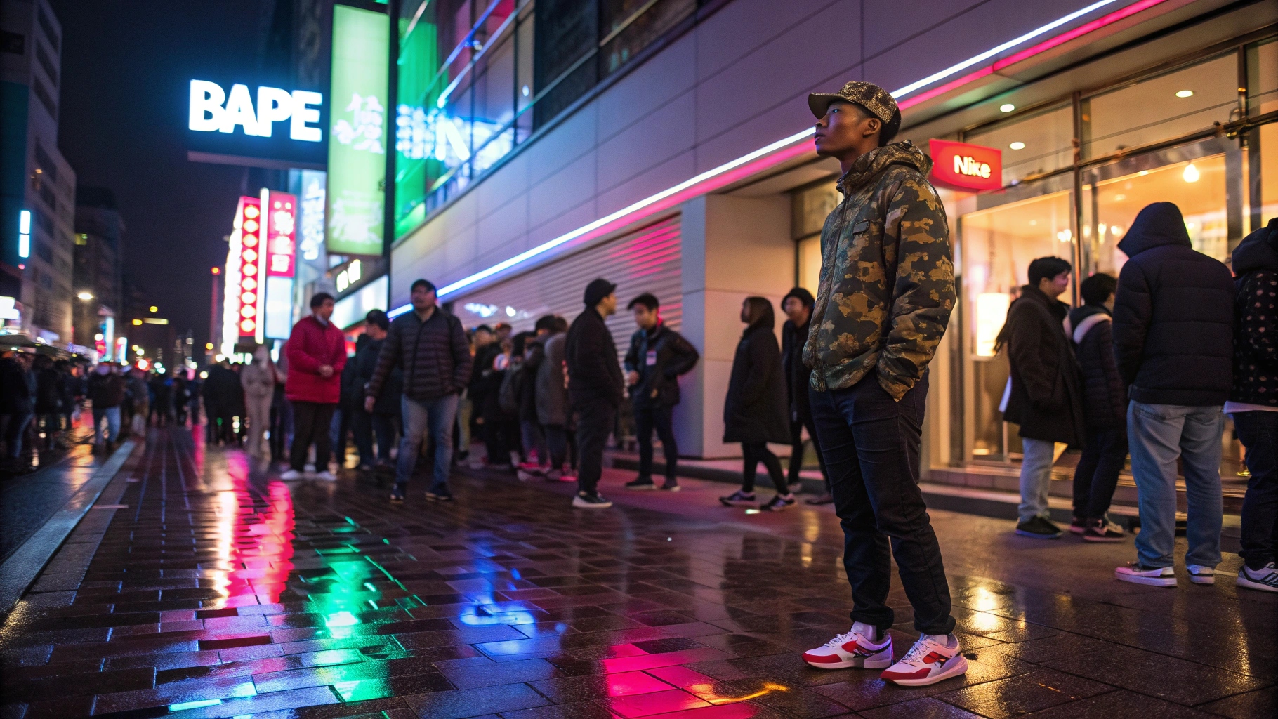 A high-energy urban street scene outside a BAPE flagship store in Tokyo, with neon lights reflecting off the pavement, a celebrity like Pharrell Williams in a limited-edition BAPE camo hoodie, sneakerheads lining up for an exclusive drop, and a digital billboard showcasing a luxury Nike collaboration.