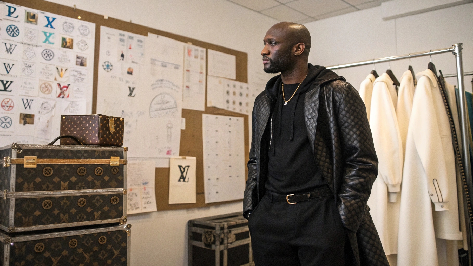 A high-fashion editorial portrait of Virgil Abloh in his design studio, surrounded by Off-White sketches, mood boards, and sample garments with signature quotation marks and industrial belts, with a Louis Vuitton trunk in the background symbolizing his transition to luxury fashion.