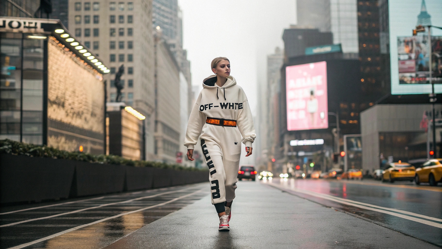 A model wearing Off-White’s signature industrial belt, oversized hoodie with bold typography, and statement sneakers, walking down a sleek urban runway with luxury brand billboards in the background, highlighting the fusion of streetwear and high fashion.