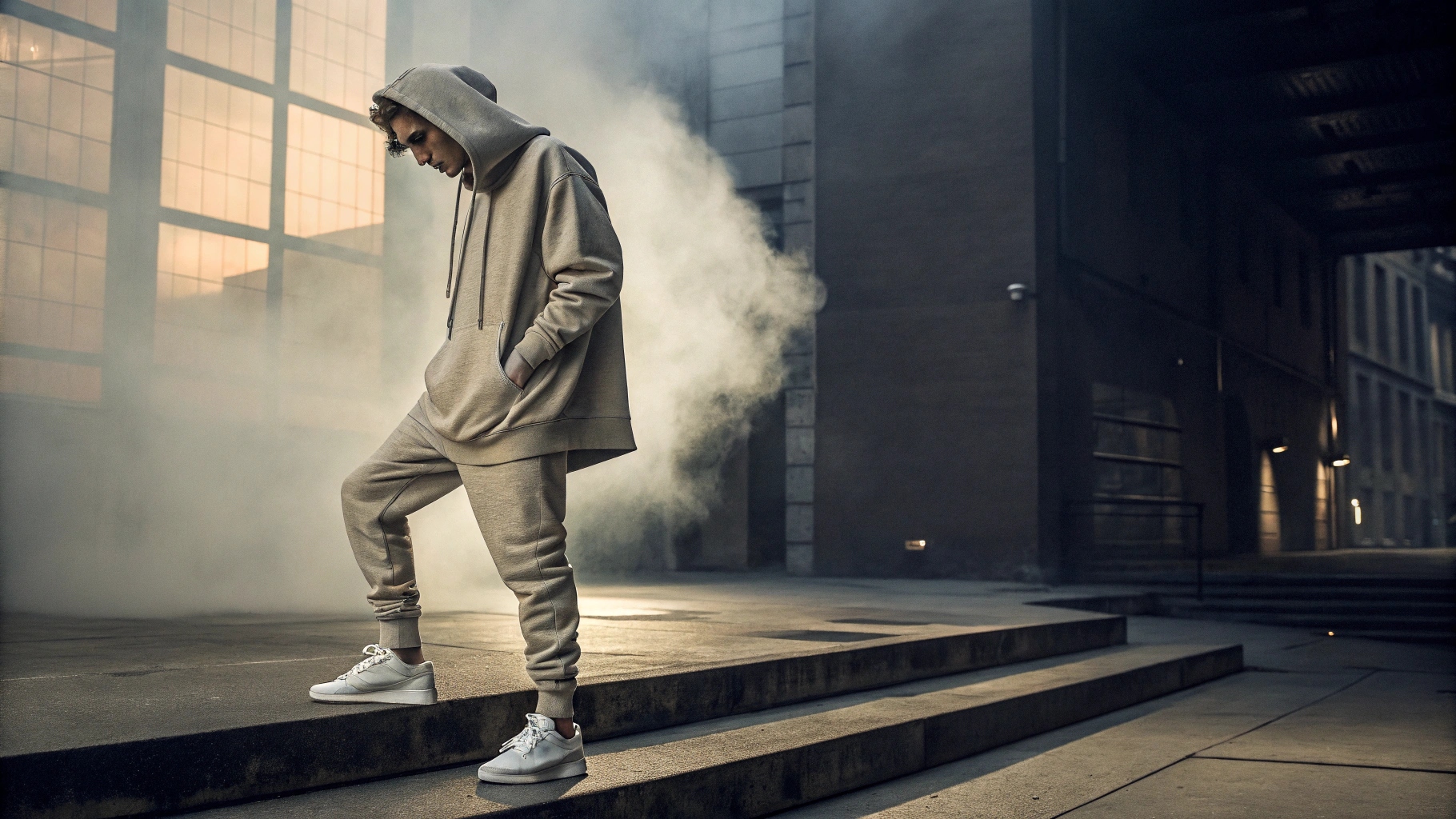 A model wearing Fear of God’s signature oversized hoodie and relaxed-fit trousers, styled with minimalistic sneakers and layered accessories, set against a moody urban backdrop with soft shadows and atmospheric lighting.