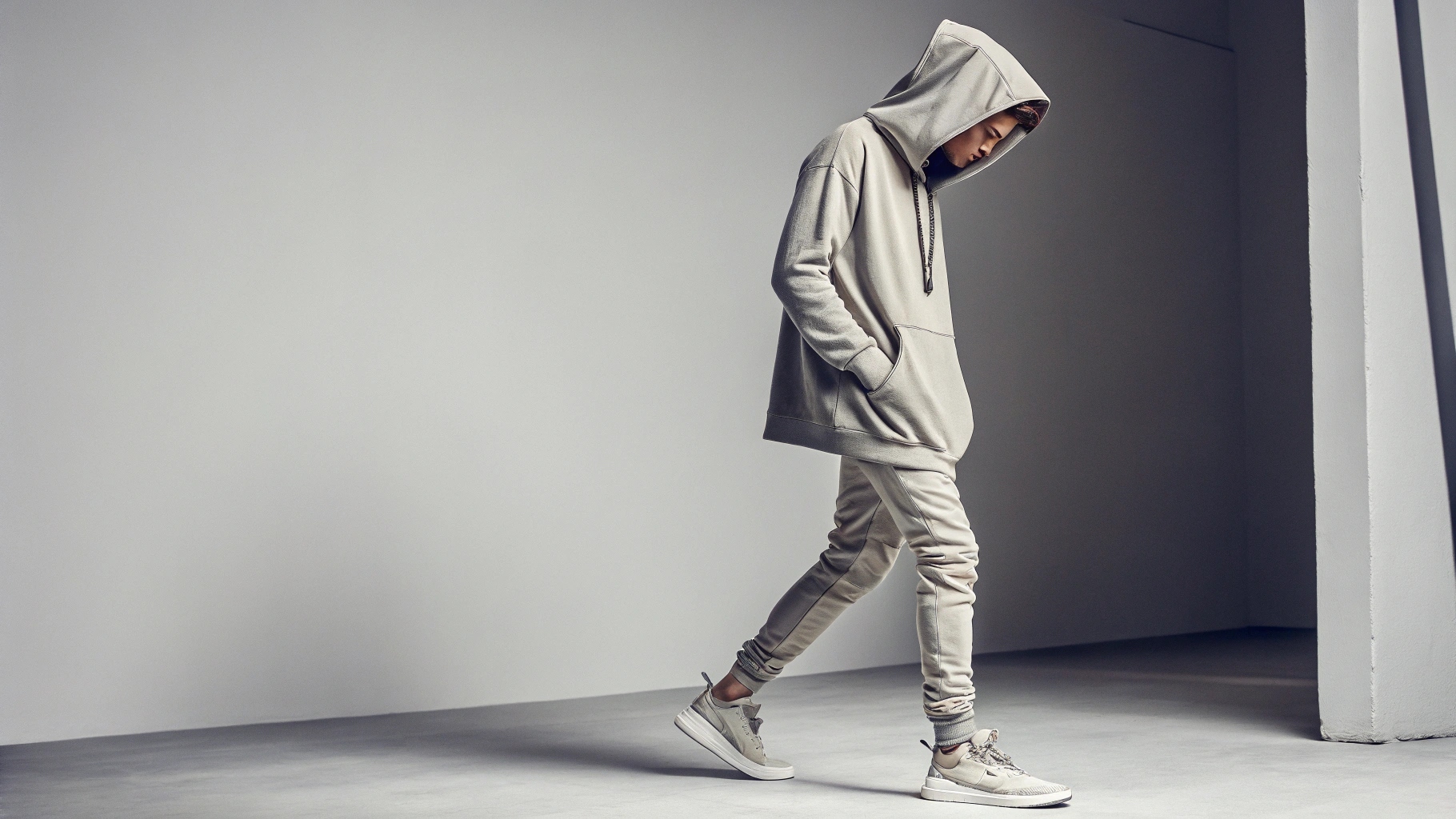 A model wearing custom-designed streetwear inspired by Fear of God, featuring an oversized hoodie made from premium nylon-spandex blend, paired with tapered joggers and sleek sneakers, set against a minimalist studio backdrop with soft diffused lighting, emphasizing texture and luxury appeal.