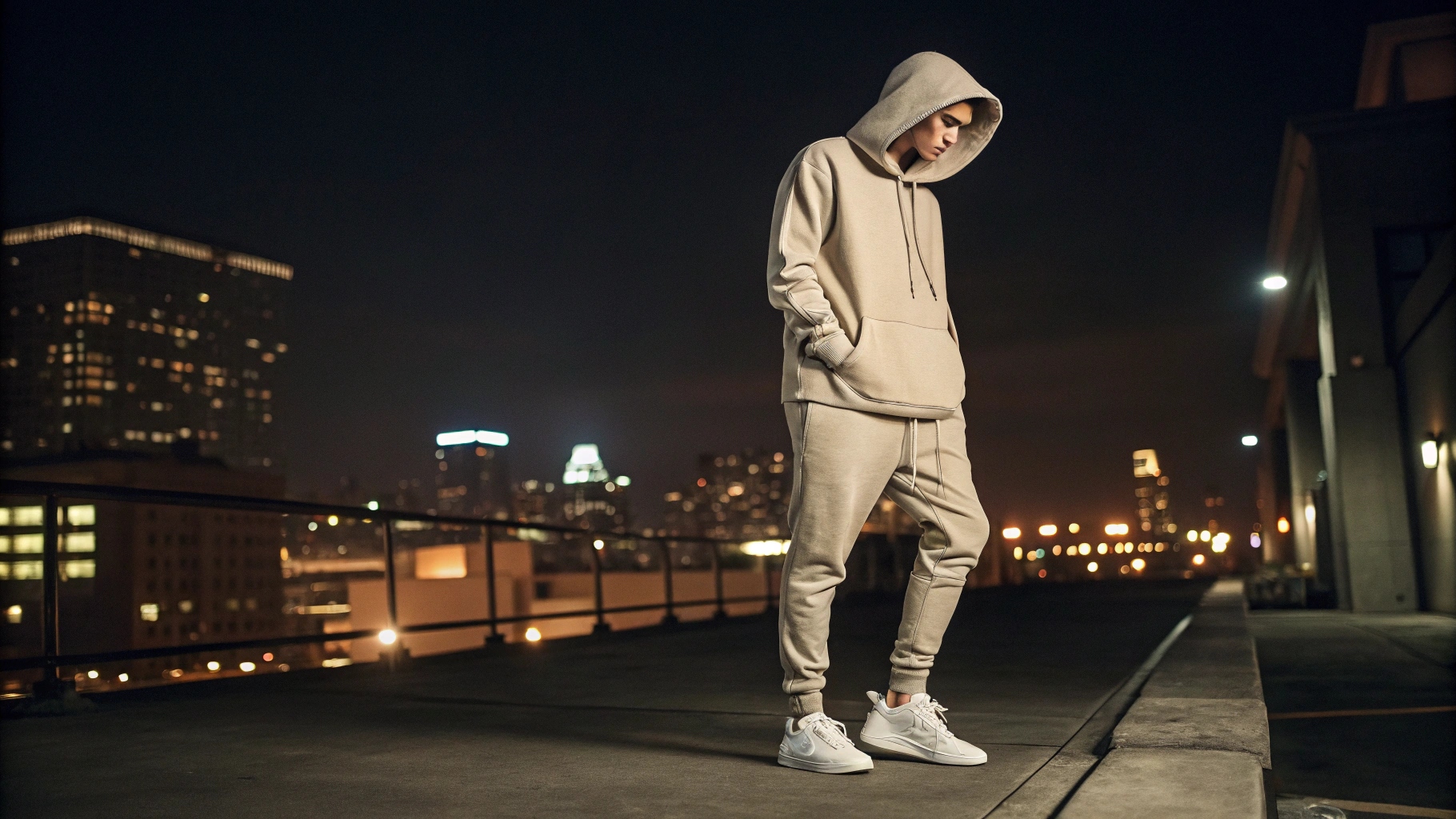 A model wearing Fear of God’s signature oversized hoodie and relaxed-fit trousers, styled with premium sneakers and layered accessories, standing on a dimly lit urban rooftop at night with soft city lights in the background, evoking exclusivity and streetwear luxury.