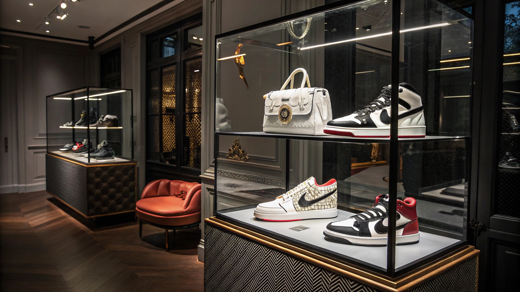 A high-fashion streetwear editorial showcasing rare Air Jordan sneakers, including Dior and Travis Scott collaborations, displayed in a luxury sneaker boutique with glass cases and moody lighting, emphasizing exclusivity and hype culture.