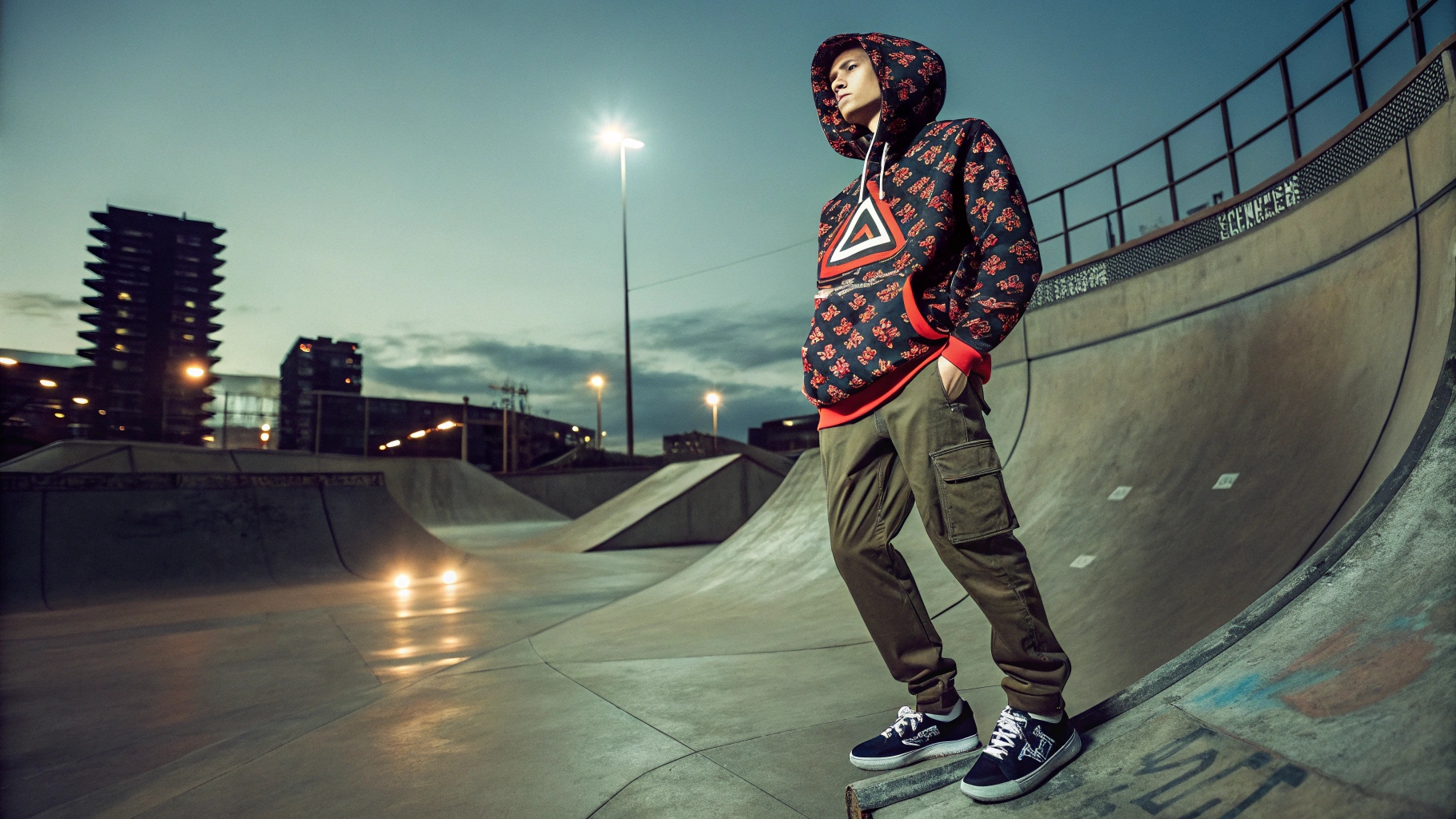 A model wearing a custom-designed Palace-inspired hoodie with bold graphics and an oversized fit, paired with cargo pants and sneakers, shot in an urban skate park with dynamic lighting and a gritty streetwear aesthetic.