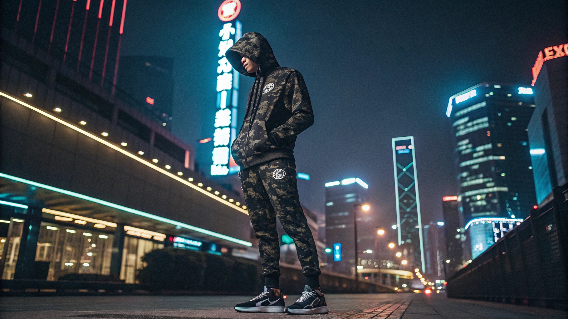 A model wearing a custom-designed AAPE-inspired hoodie with a sleek camo pattern, made from premium nylon-spandex blend, paired with tapered joggers and futuristic sneakers, standing in front of a neon-lit cityscape at night, exuding a modern and exclusive streetwear aesthetic.