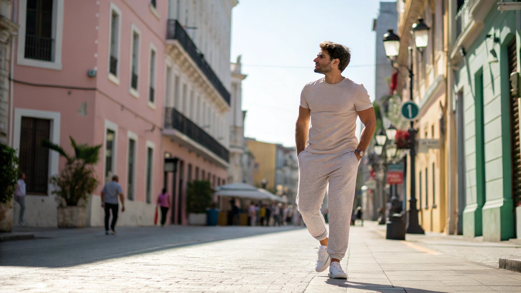 A man in sweatpants and a fitted T-shirt, walking through a vibrant city street in sunny weather, showcasing a relaxed spring or summer look.